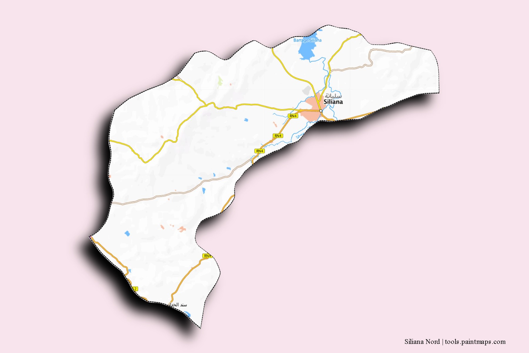 Siliana Nord neighborhoods and villages map with 3D shadow effect