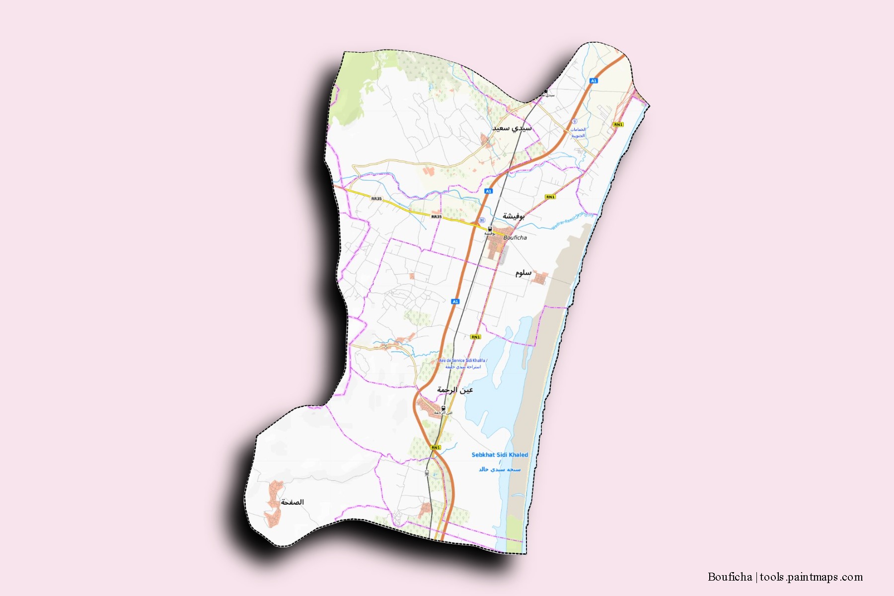 Mapa de barrios y pueblos de Bouficha con efecto de sombra 3D