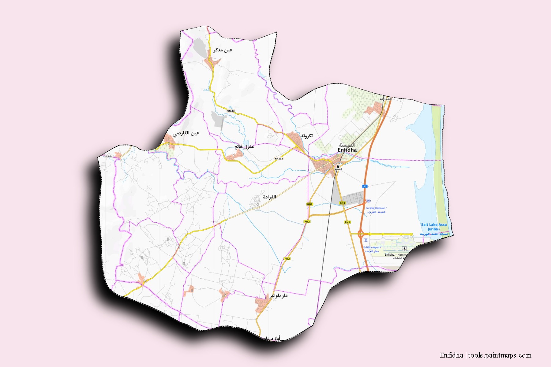 Enfidha neighborhoods and villages map with 3D shadow effect