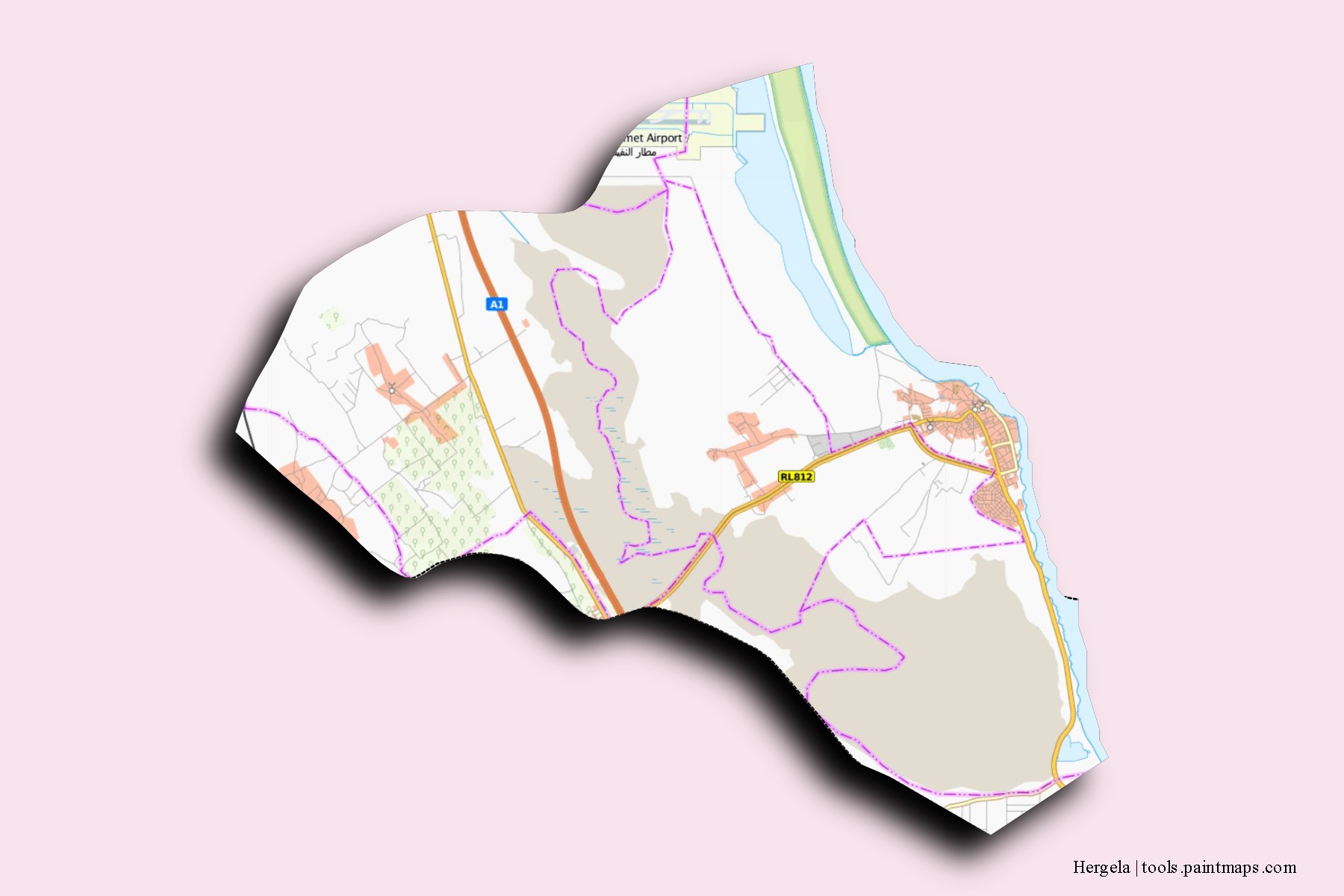 Hergla neighborhoods and villages map with 3D shadow effect