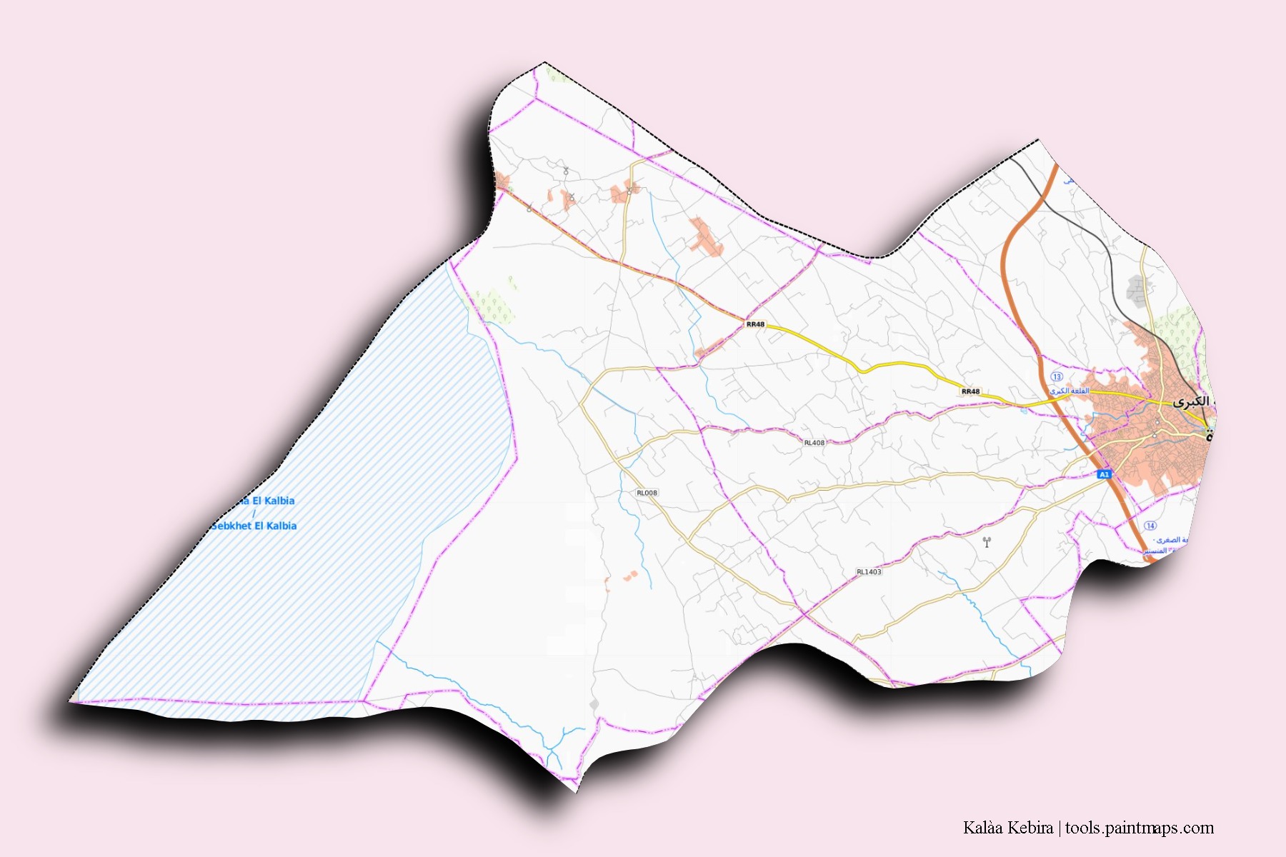 3D gölge efektli Kalàa Kebira mahalleleri ve köyleri haritası