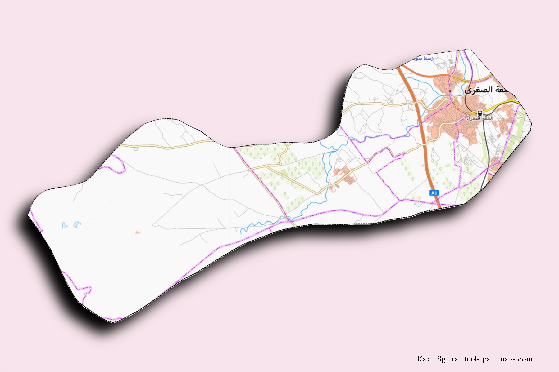 Mapa de barrios y pueblos de Kalàa Sghira con efecto de sombra 3D