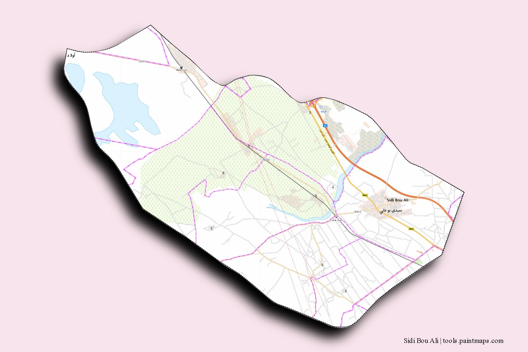 Sidi Bou Ali neighborhoods and villages map with 3D shadow effect