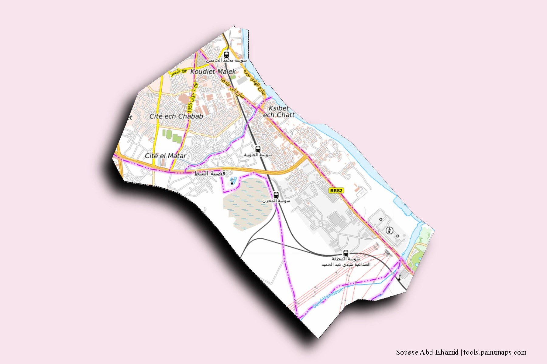 Sousse Sidi Abdelhamid neighborhoods and villages map with 3D shadow effect