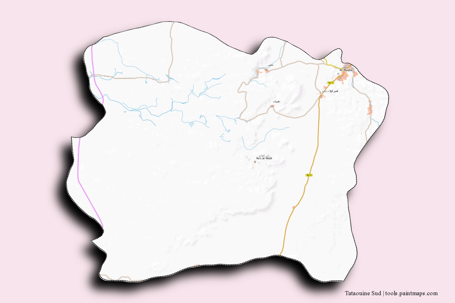 3D gölge efektli Tataouine Sud mahalleleri ve köyleri haritası
