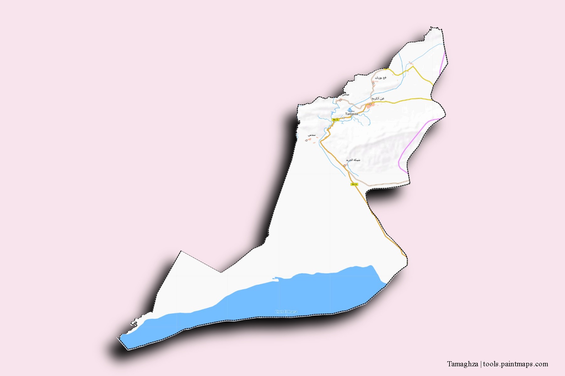 Mapa de barrios y pueblos de Tamaghza con efecto de sombra 3D