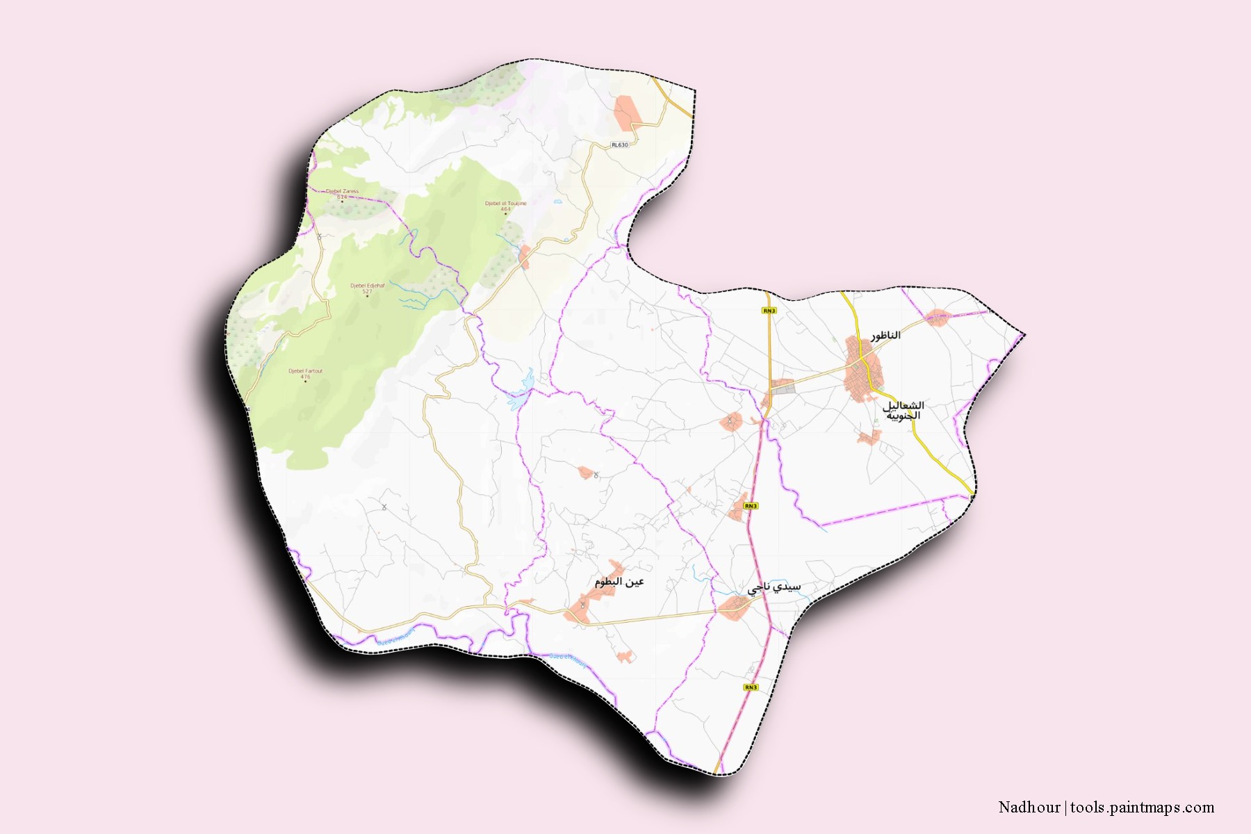 Nadhour neighborhoods and villages map with 3D shadow effect