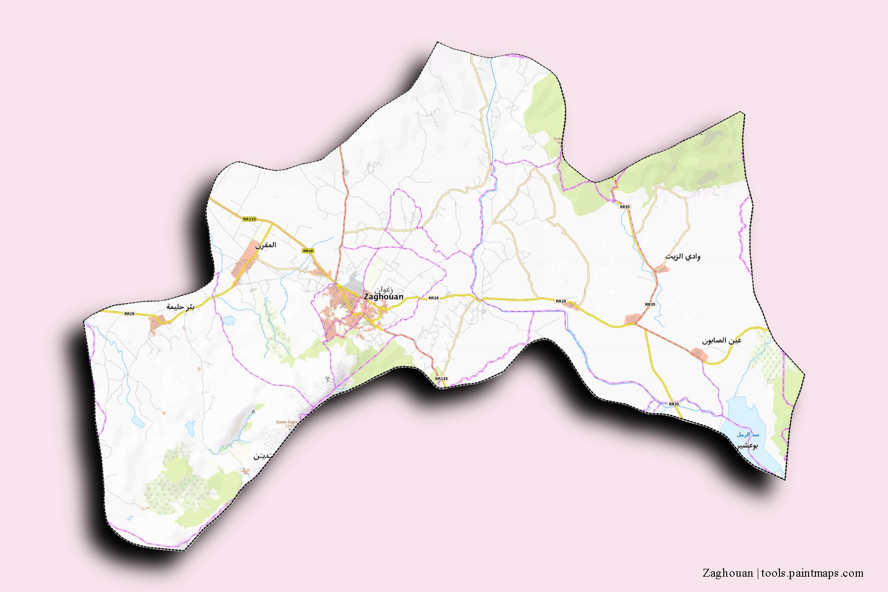 Zaghouan neighborhoods and villages map with 3D shadow effect