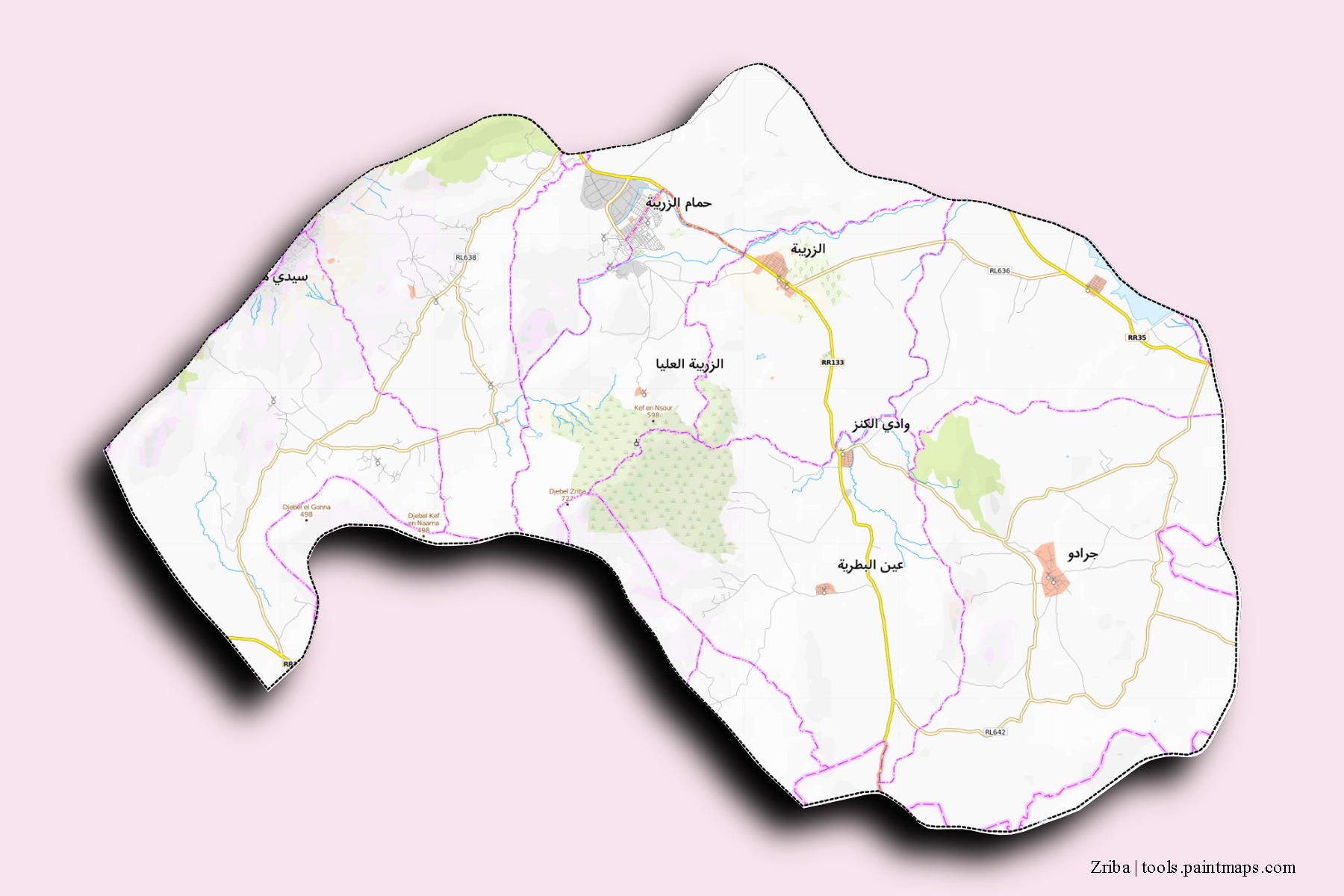 Mapa de barrios y pueblos de Zriba con efecto de sombra 3D