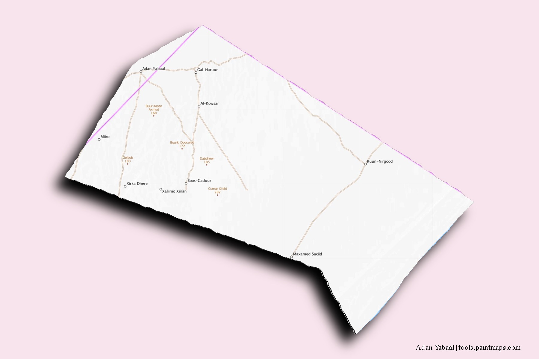 Mapa de barrios y pueblos de Adan Yabaal con efecto de sombra 3D