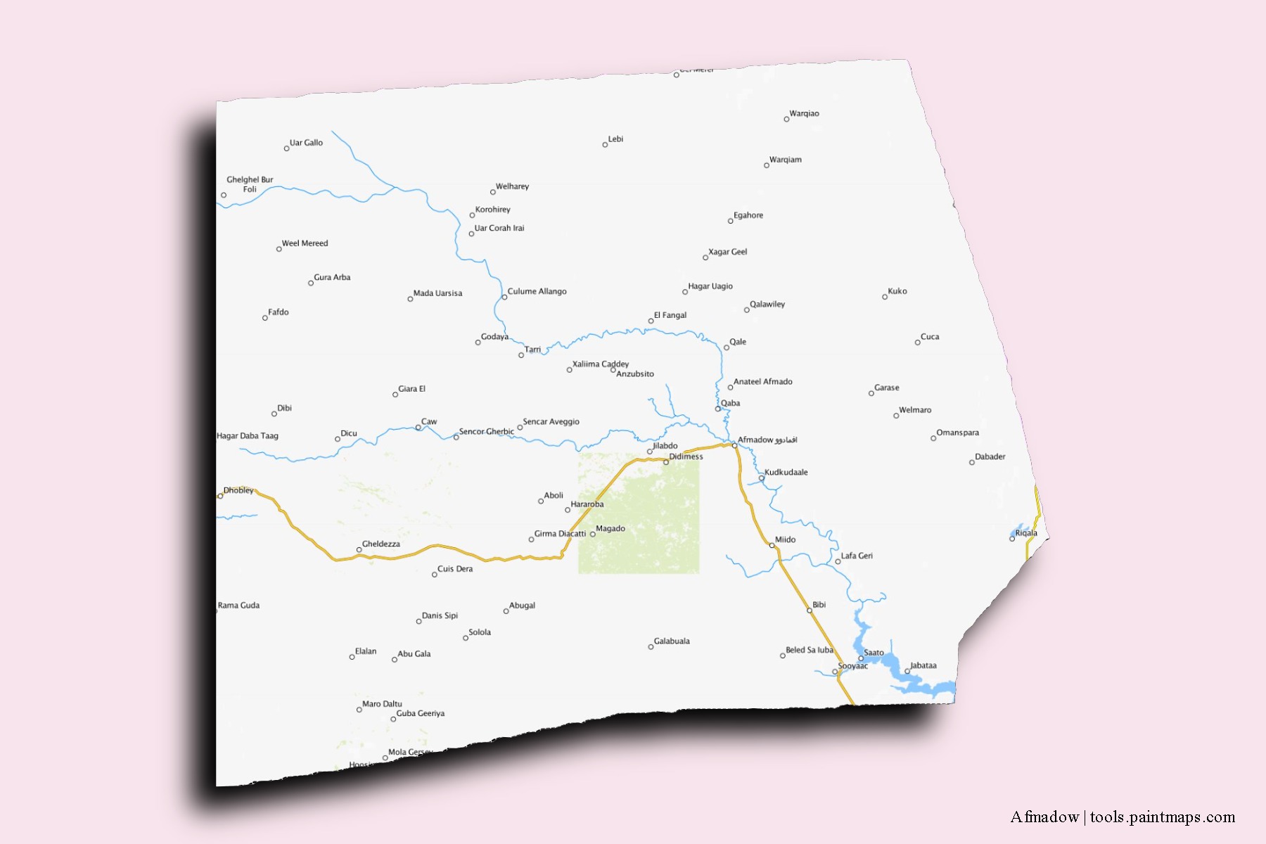 Mapa de barrios y pueblos de Afmadow con efecto de sombra 3D