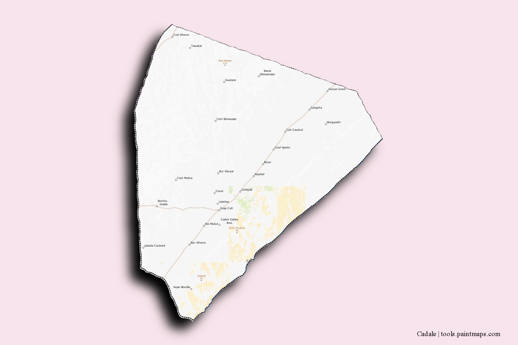 Mapa de barrios y pueblos de Cadale con efecto de sombra 3D