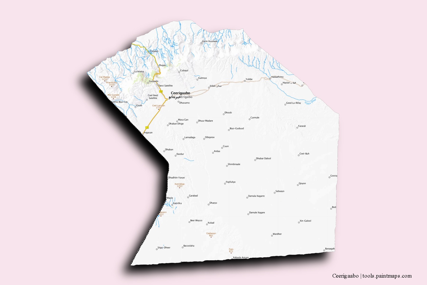 Mapa de barrios y pueblos de Ceerigaabo con efecto de sombra 3D