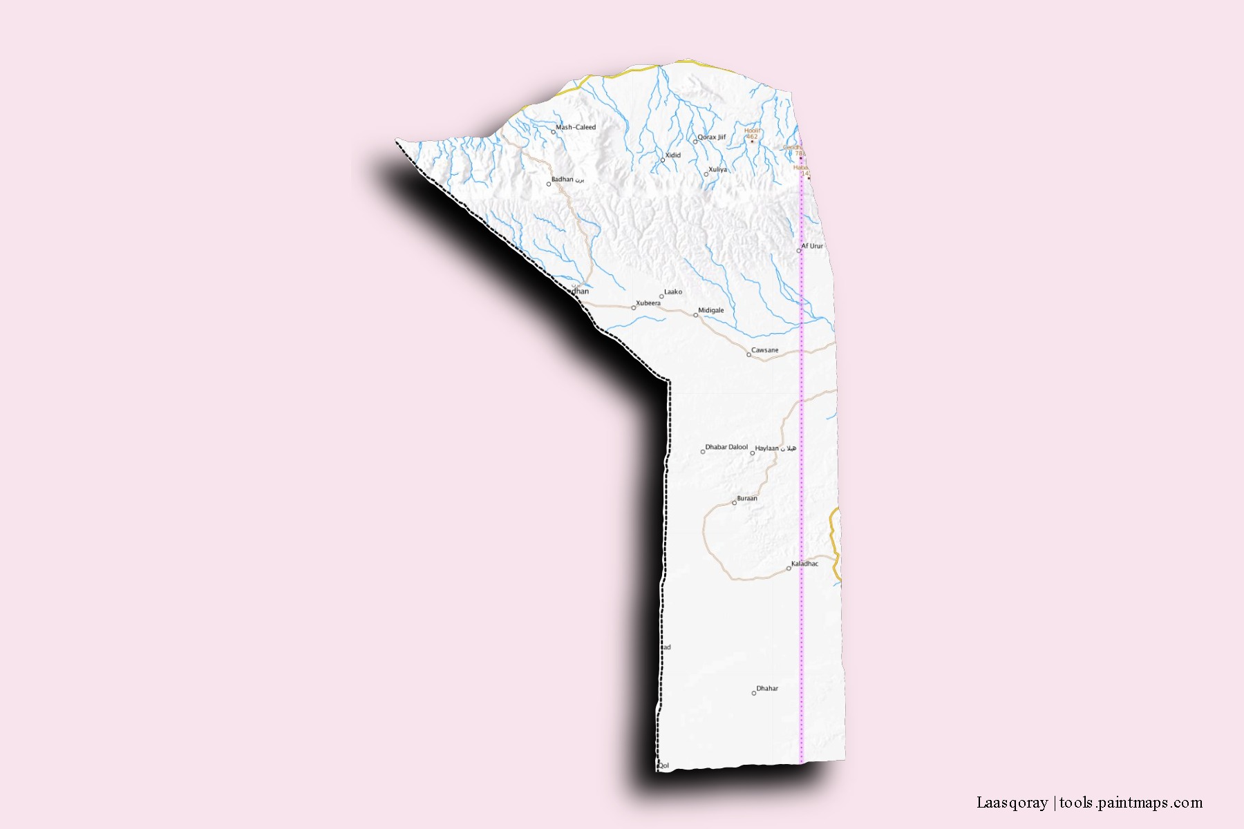 Mapa de barrios y pueblos de Laasqoray con efecto de sombra 3D