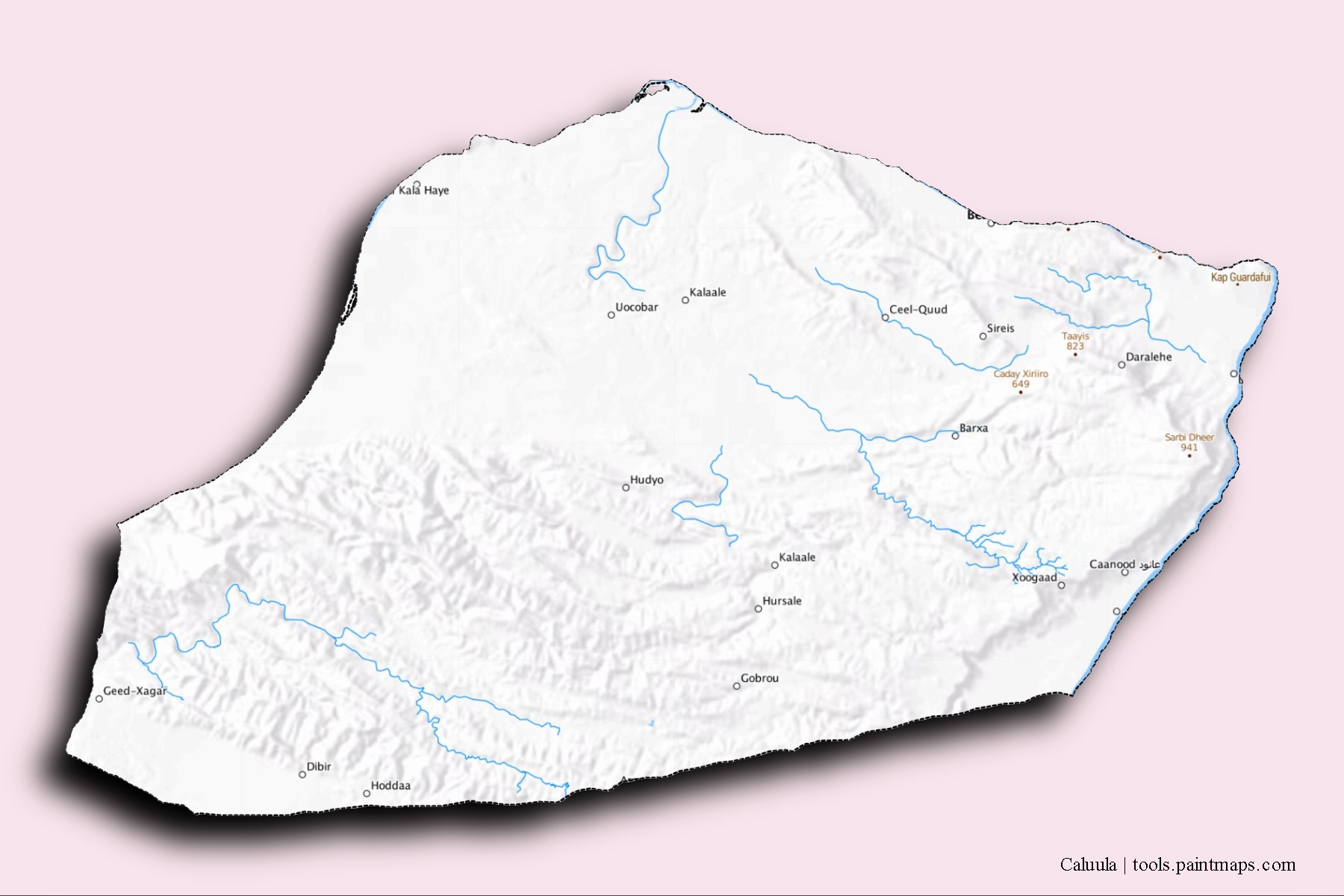 Mapa de barrios y pueblos de Caluula con efecto de sombra 3D