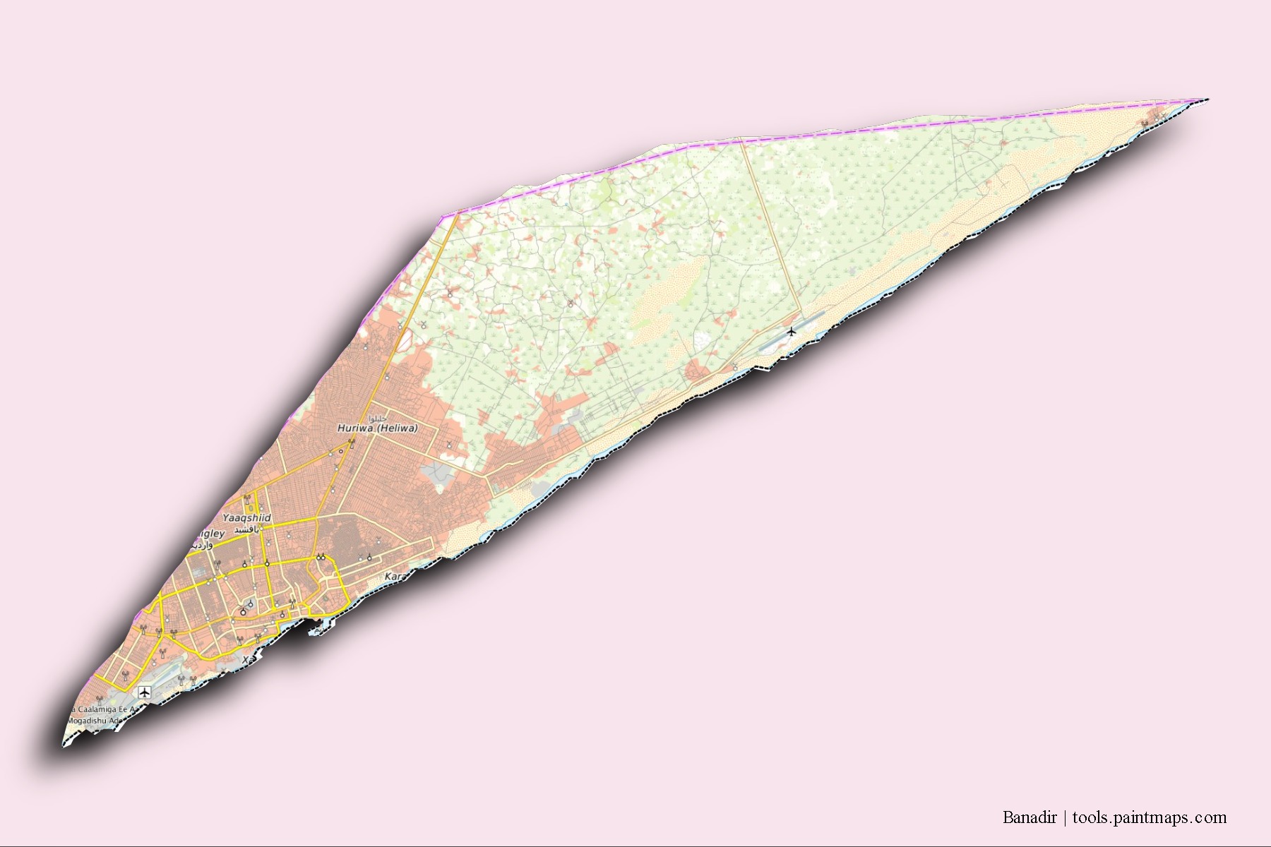 Mapa de barrios y pueblos de Banadir con efecto de sombra 3D