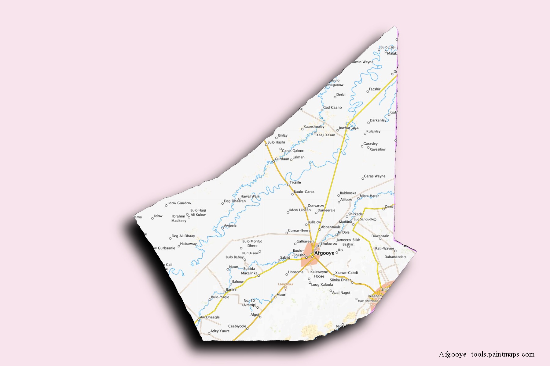 Mapa de barrios y pueblos de Afgooye con efecto de sombra 3D