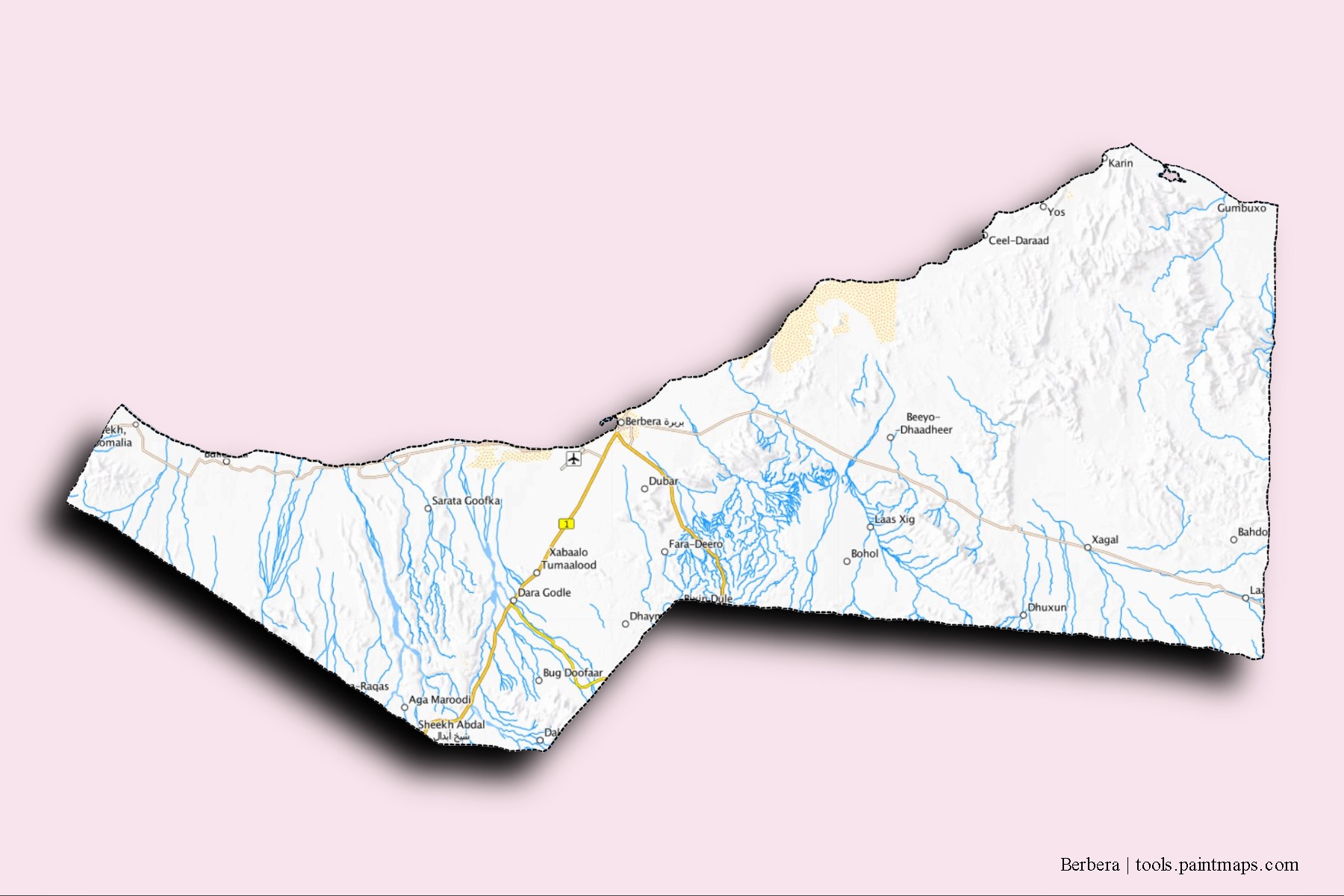 Berbera neighborhoods and villages map with 3D shadow effect