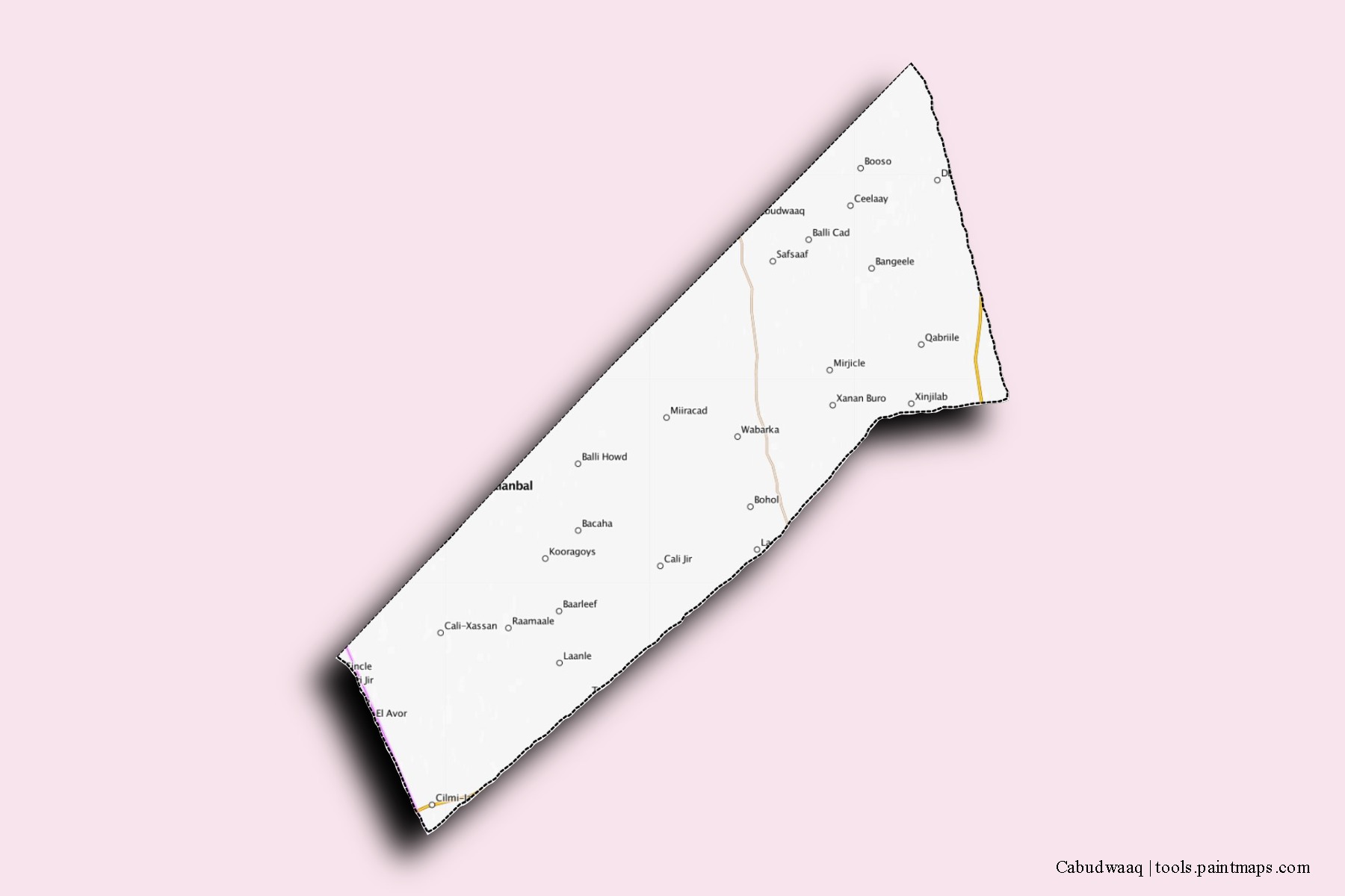 Mapa de barrios y pueblos de Cabudwaaq con efecto de sombra 3D