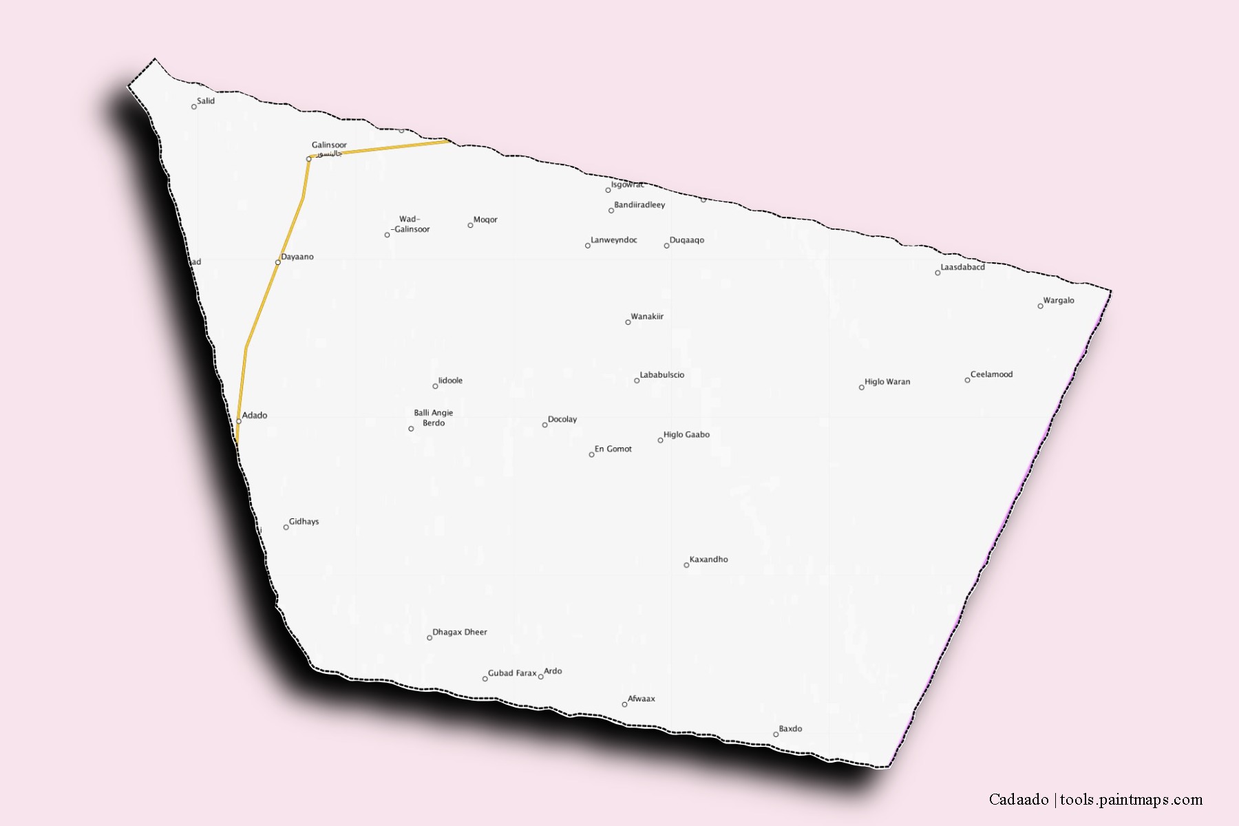 Mapa de barrios y pueblos de Cadaado con efecto de sombra 3D