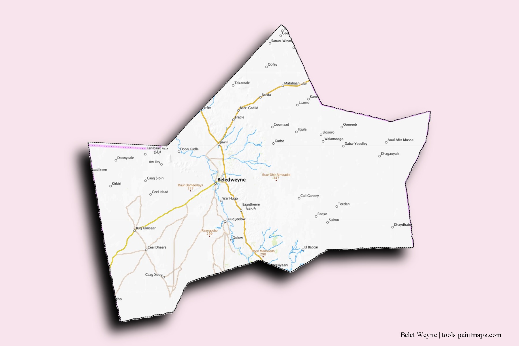 Mapa de barrios y pueblos de Belet Weyne con efecto de sombra 3D