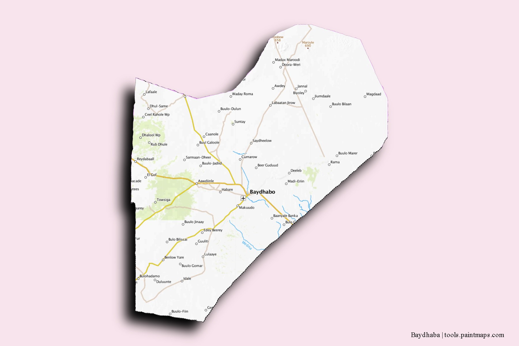 Mapa de barrios y pueblos de Baydhaba con efecto de sombra 3D