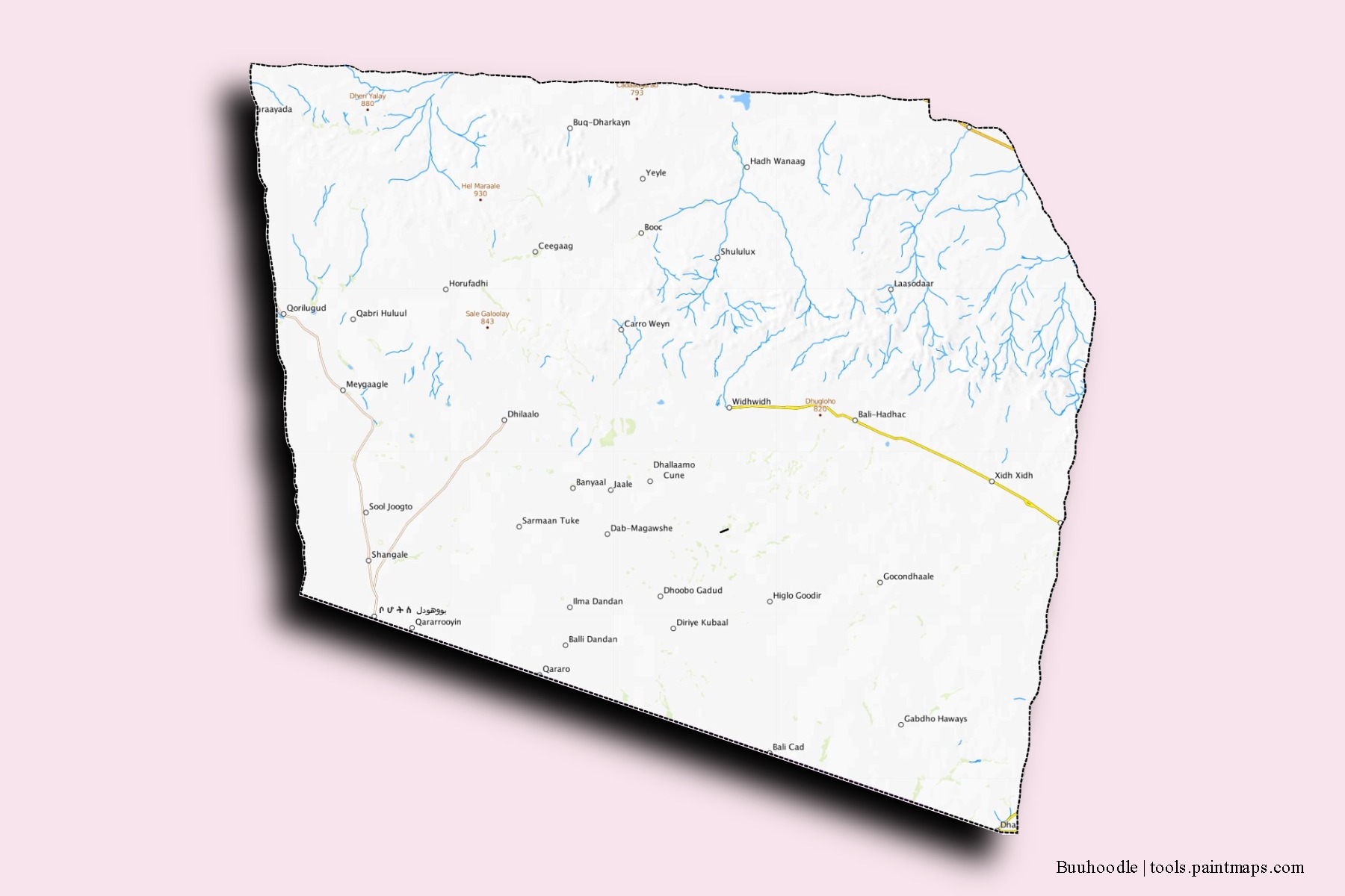 Mapa de barrios y pueblos de Buuhoodle con efecto de sombra 3D