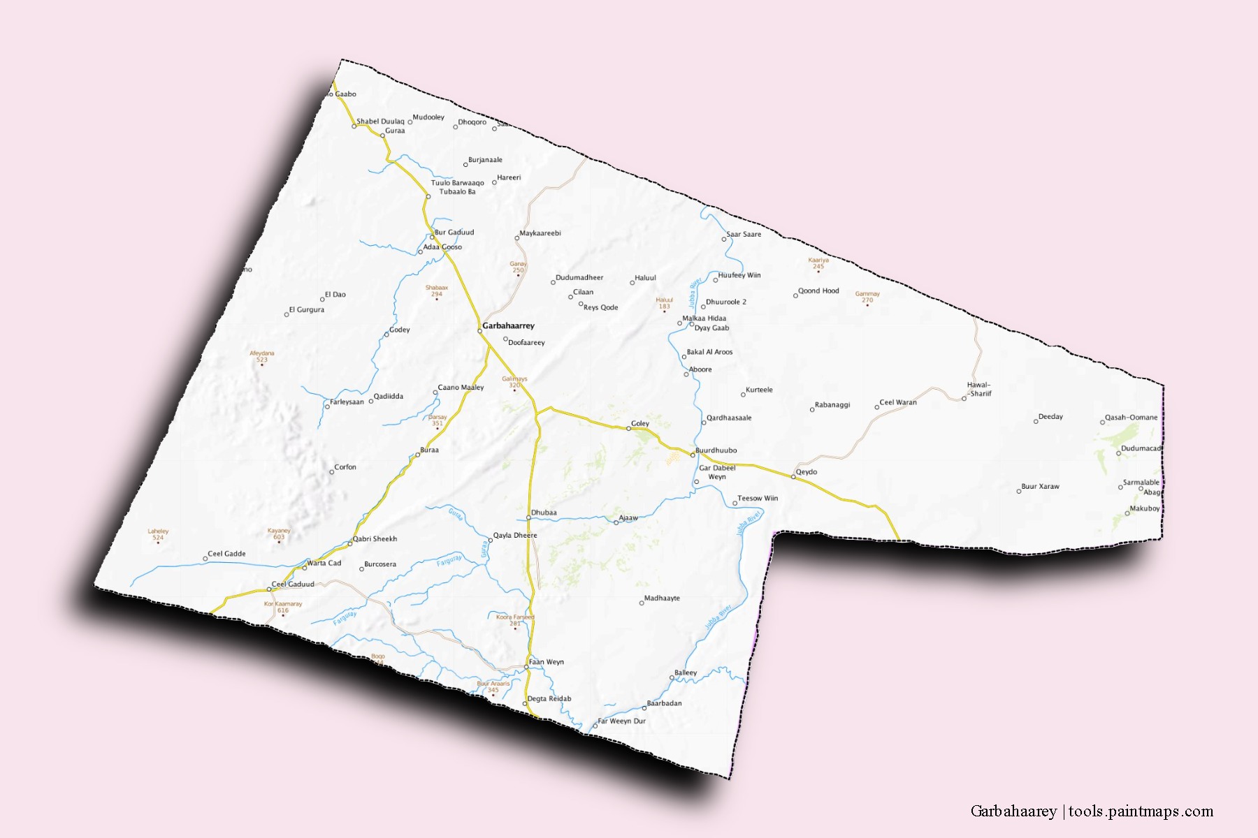 Mapa de barrios y pueblos de Garbahaarey con efecto de sombra 3D