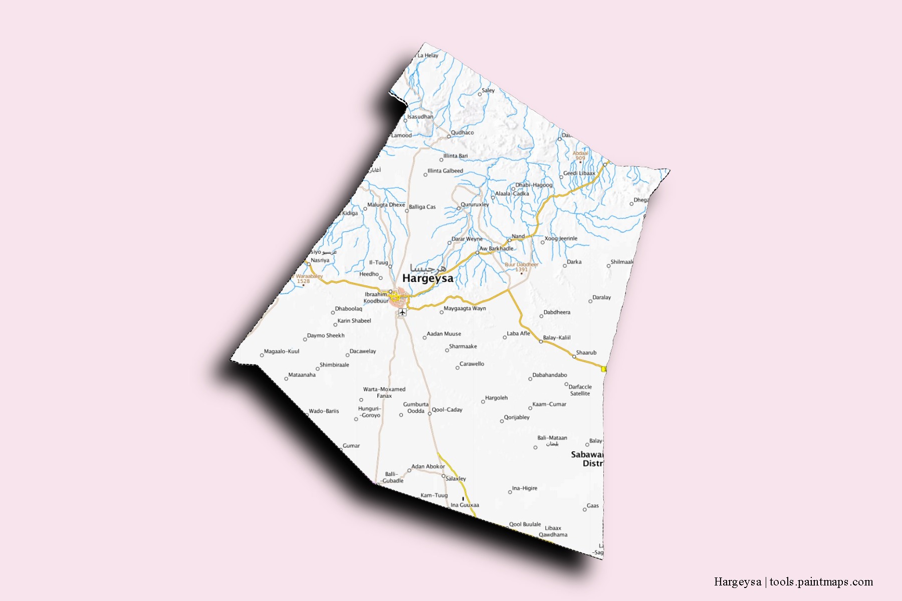 Mapa de barrios y pueblos de Hargeysa con efecto de sombra 3D