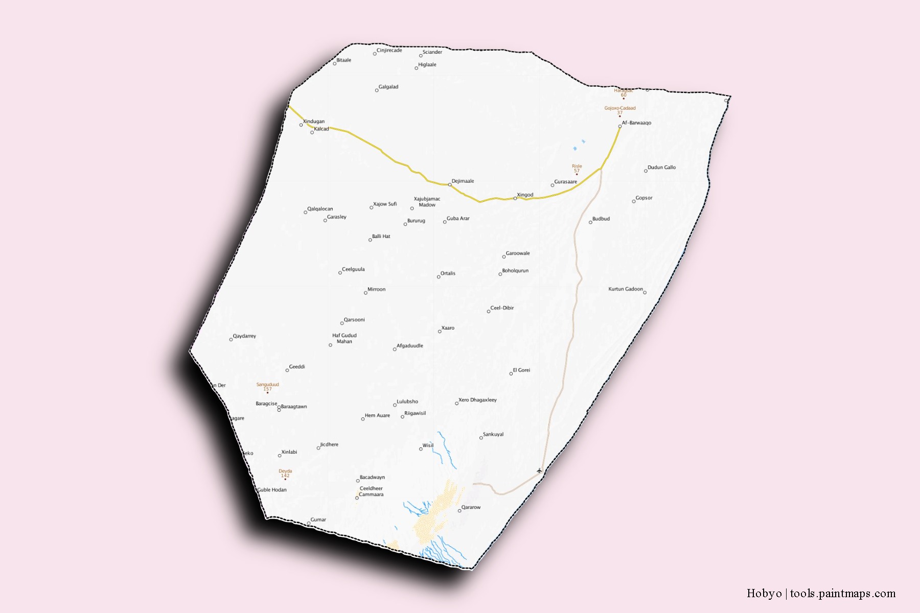 Mapa de barrios y pueblos de Hobyo con efecto de sombra 3D