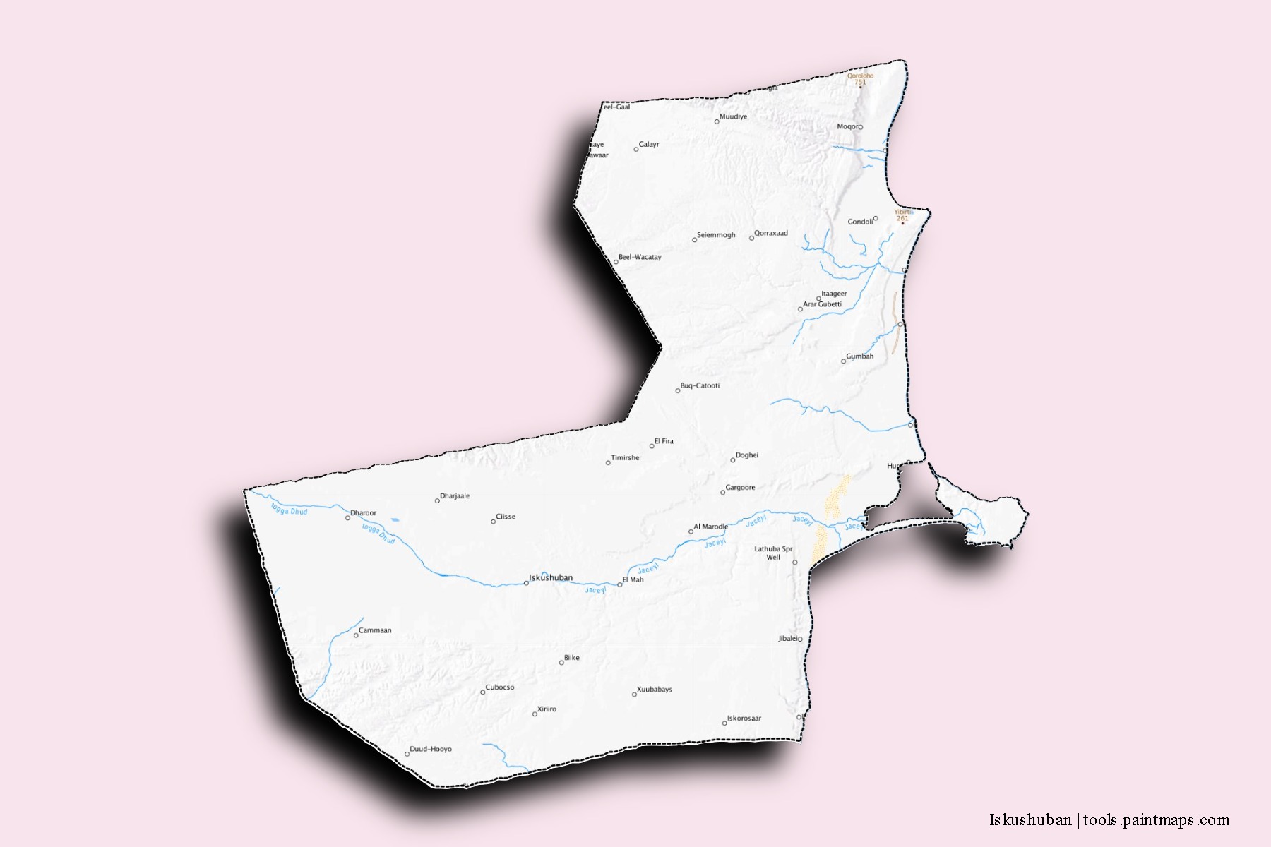 Mapa de barrios y pueblos de Iskushuban con efecto de sombra 3D