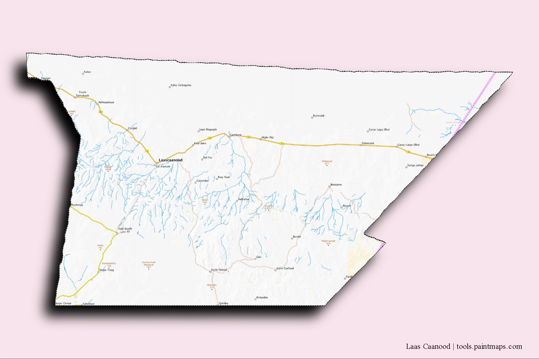 Mapa de barrios y pueblos de Laas Caanood con efecto de sombra 3D