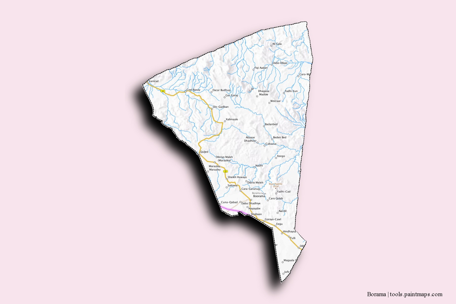 Mapa de barrios y pueblos de Borama con efecto de sombra 3D