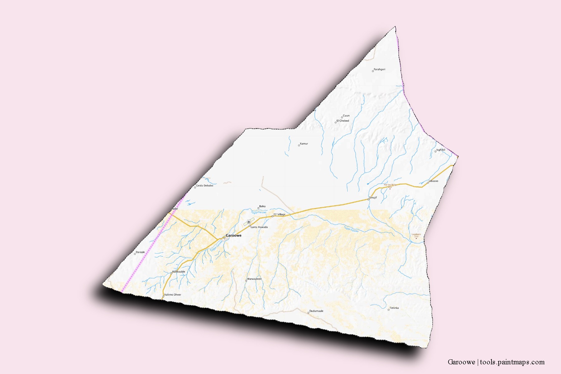 Mapa de barrios y pueblos de Garoowe con efecto de sombra 3D