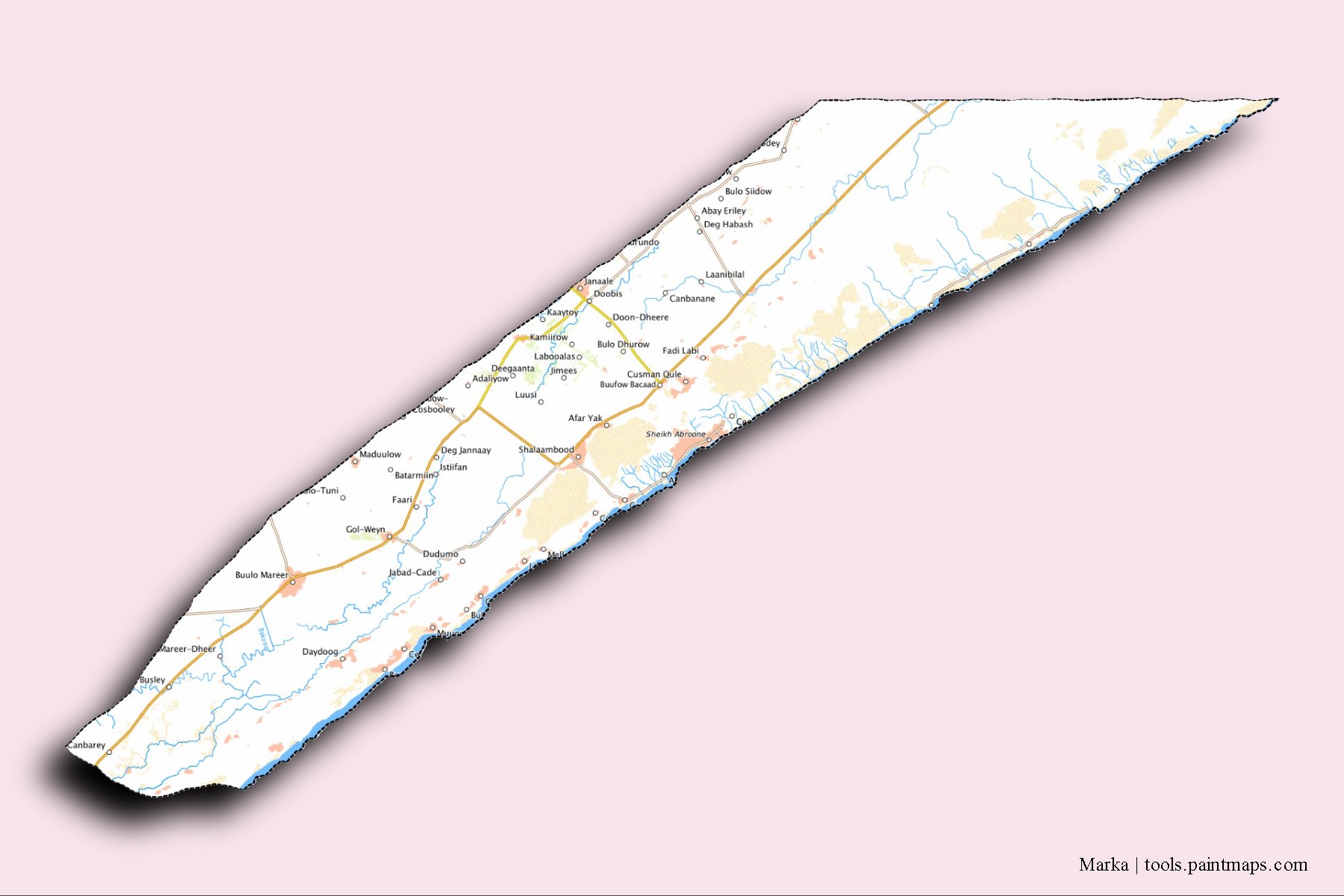 Mapa de barrios y pueblos de Marka con efecto de sombra 3D