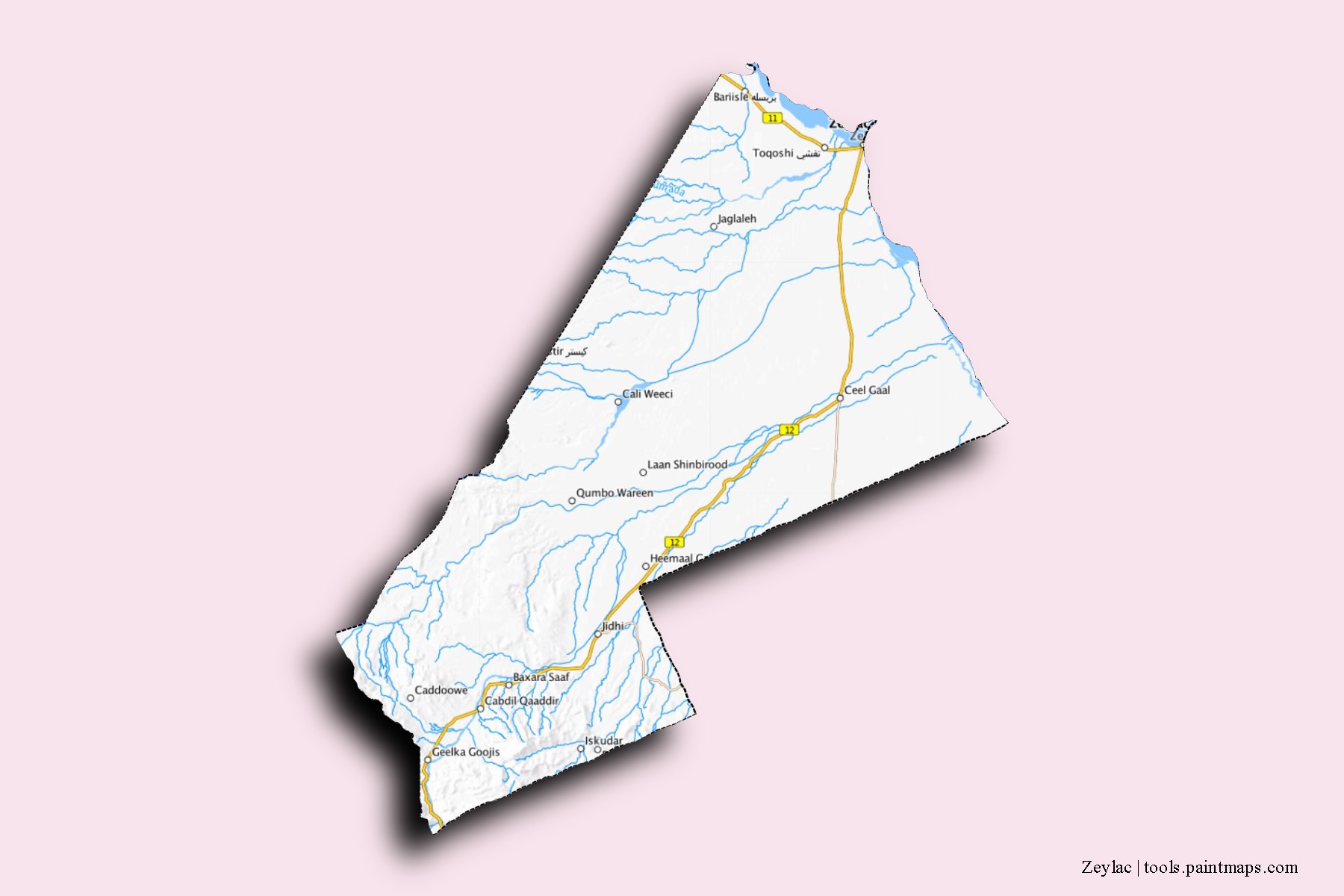 Mapa de barrios y pueblos de Zeylac con efecto de sombra 3D