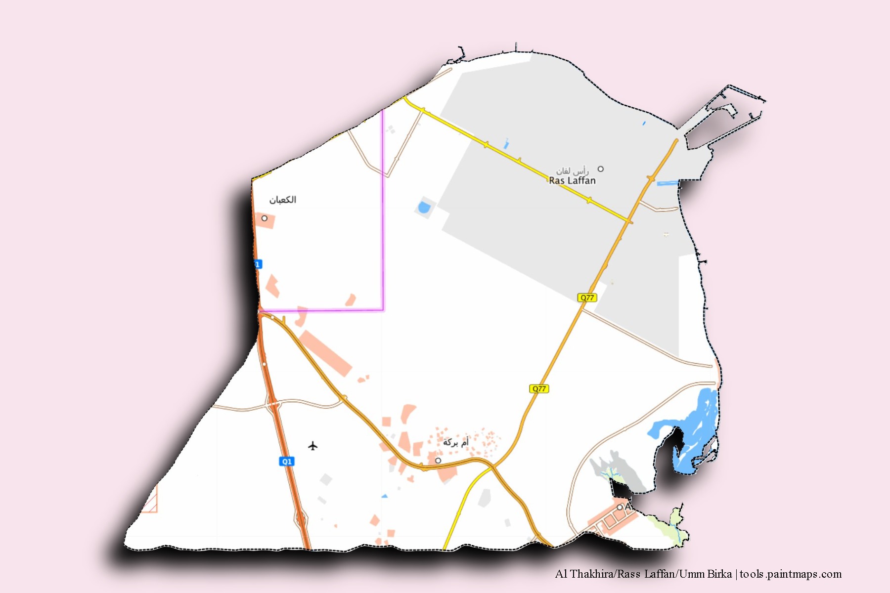 Al Thakhira/Rass Laffan/Umm Birka neighborhoods and villages map with 3D shadow effect