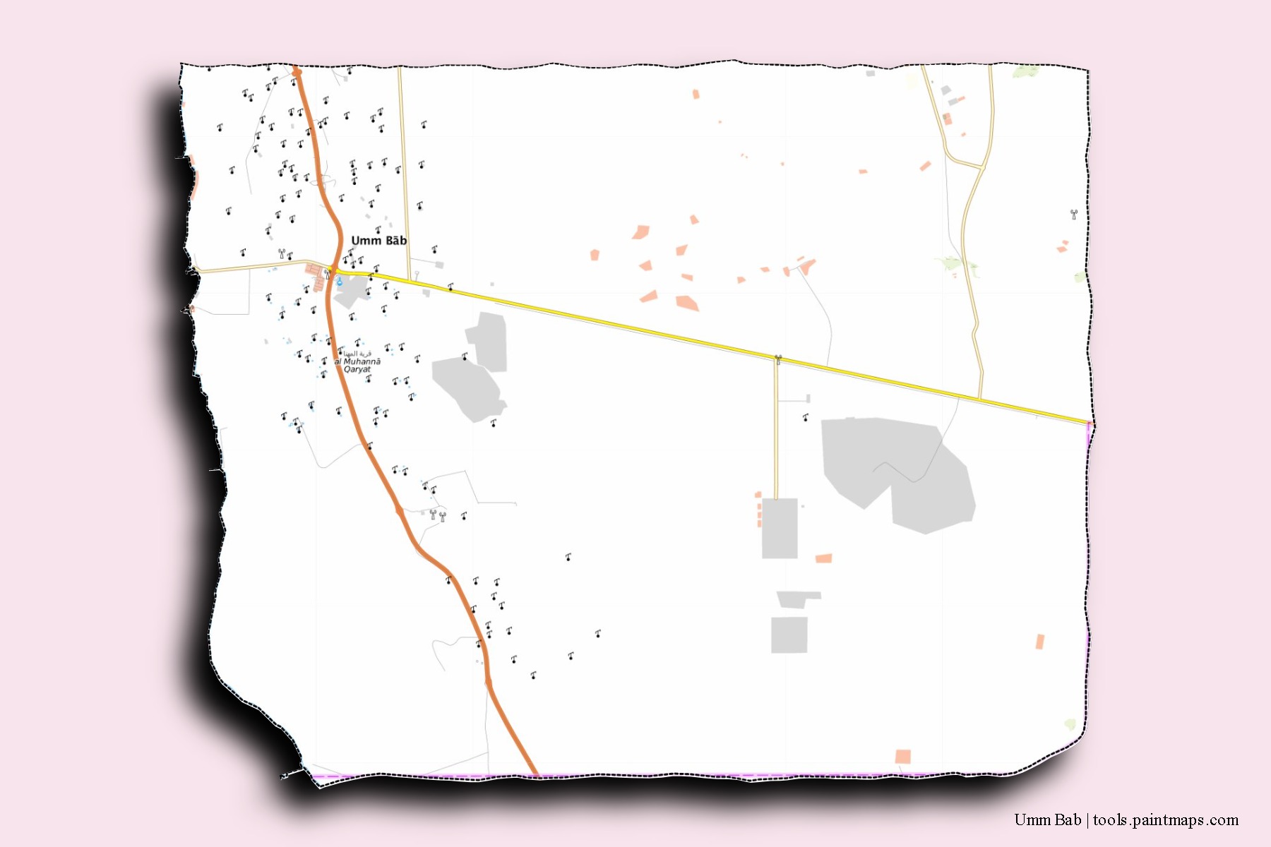 Umm Bab neighborhoods and villages map with 3D shadow effect