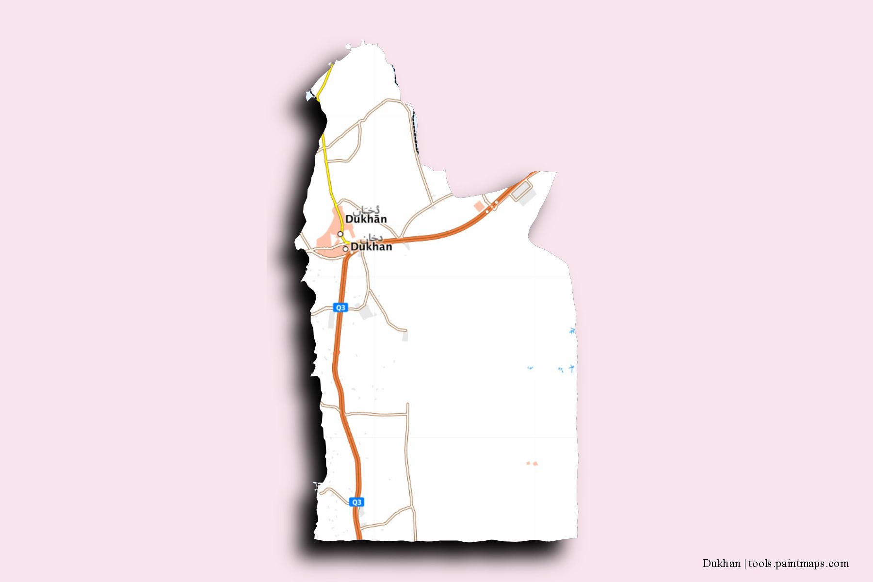 Mapa de barrios y pueblos de Dukhan con efecto de sombra 3D