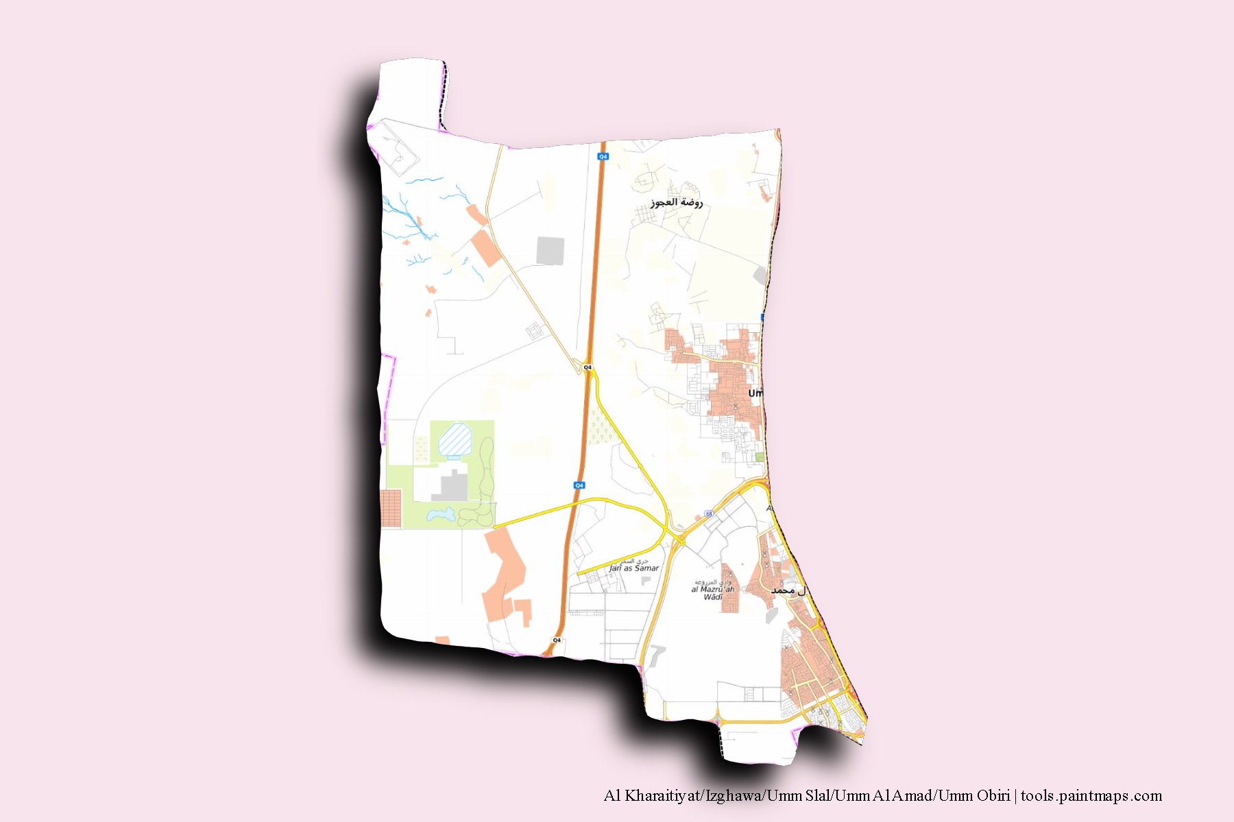 3D gölge efektli Al Kharaitiyat/Izghawa/Umm Slal/Umm Al Amad/Umm Obiri mahalleleri ve köyleri haritası