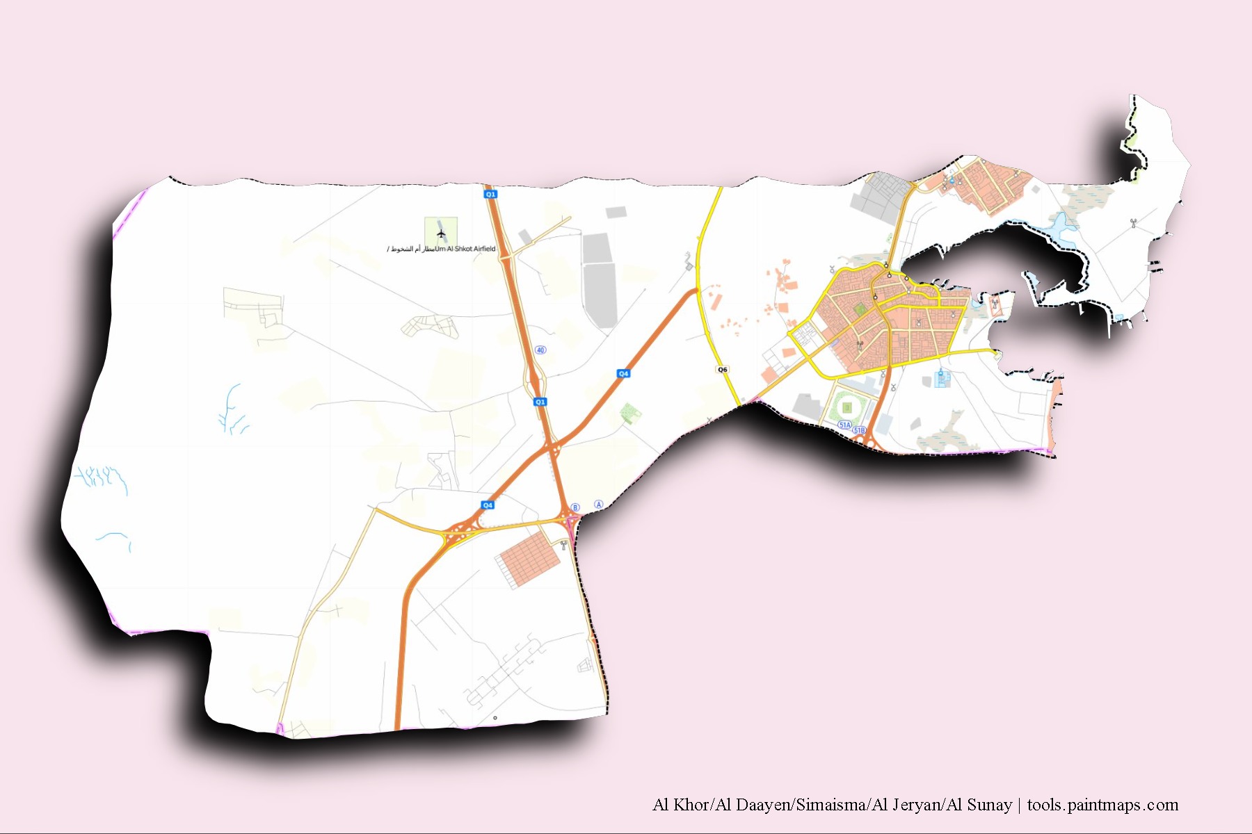 3D gölge efektli Al Khor/Al Daayen/Simaisma/Al Jeryan/Al Sunay mahalleleri ve köyleri haritası