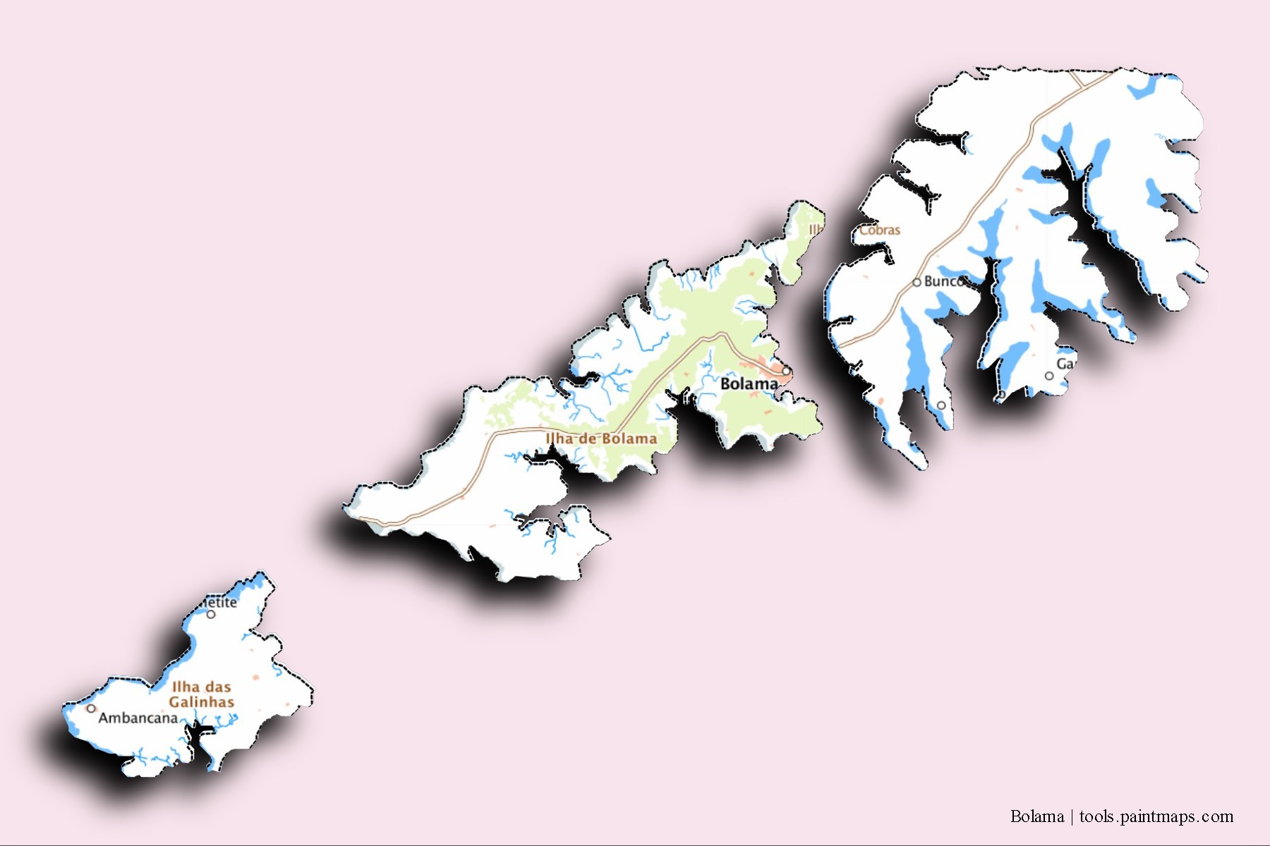 Bolama neighborhoods and villages map with 3D shadow effect