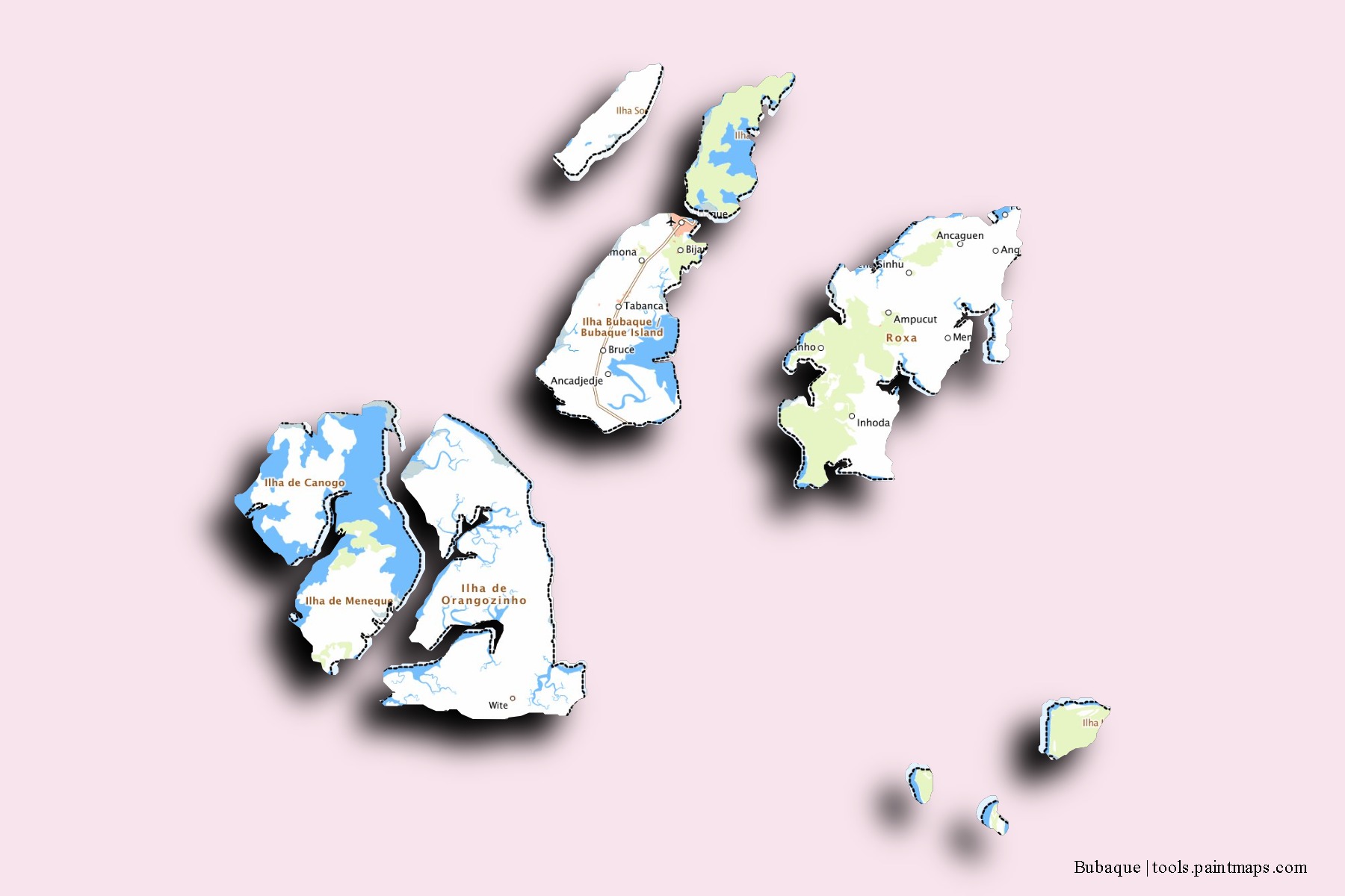 3D gölge efektli Bubaque mahalleleri ve köyleri haritası