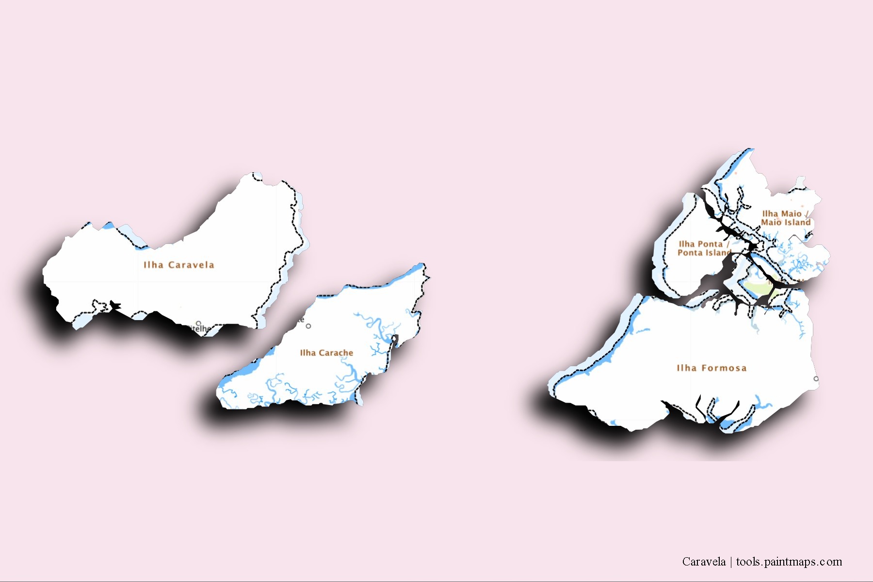 Mapa de barrios y pueblos de Caravela con efecto de sombra 3D