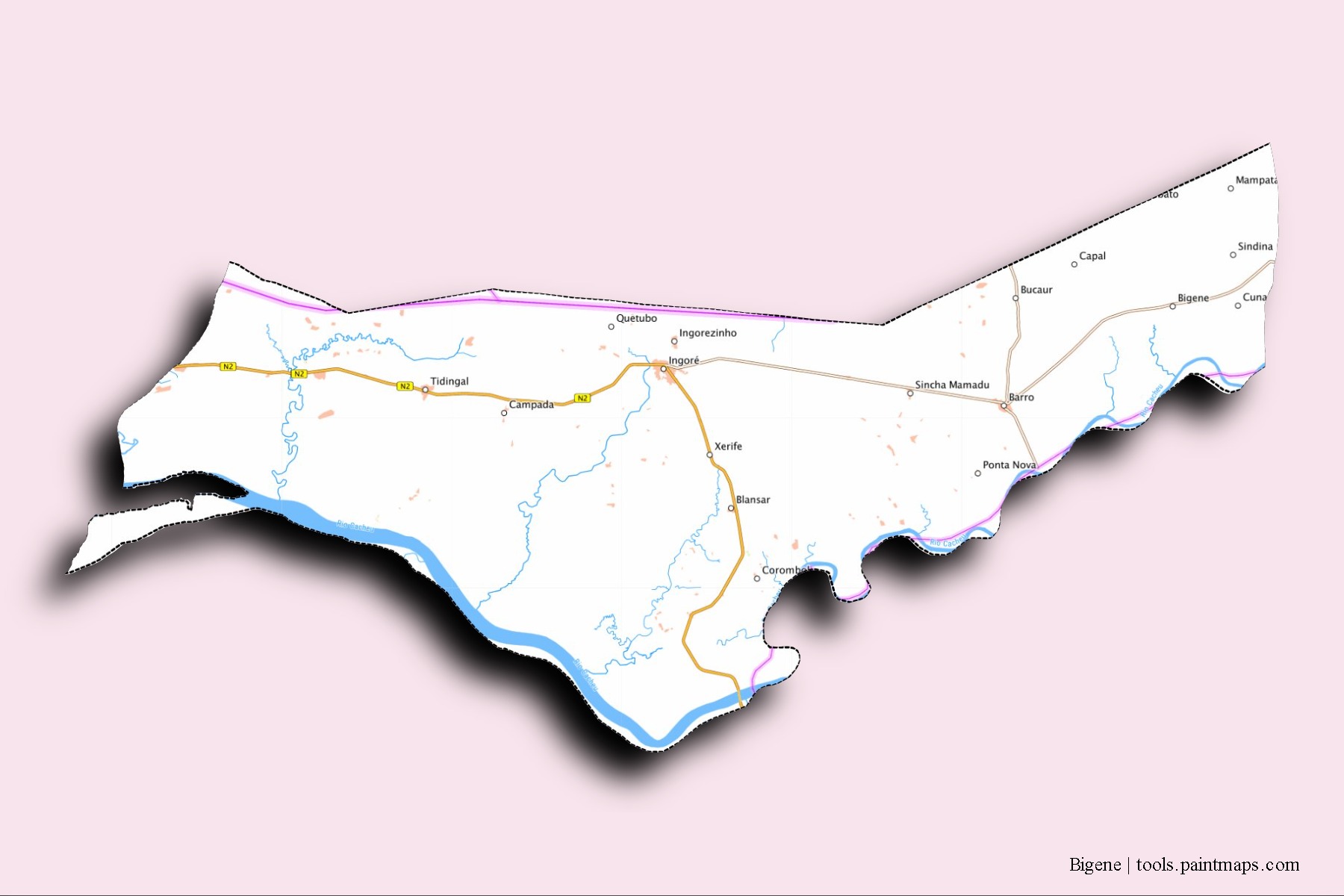 Bigene neighborhoods and villages map with 3D shadow effect