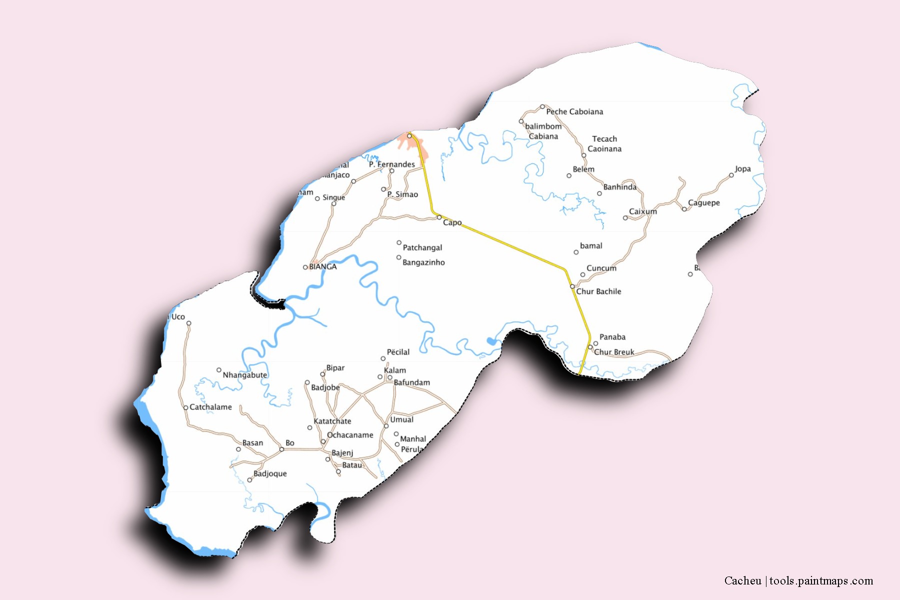 Cacheu neighborhoods and villages map with 3D shadow effect