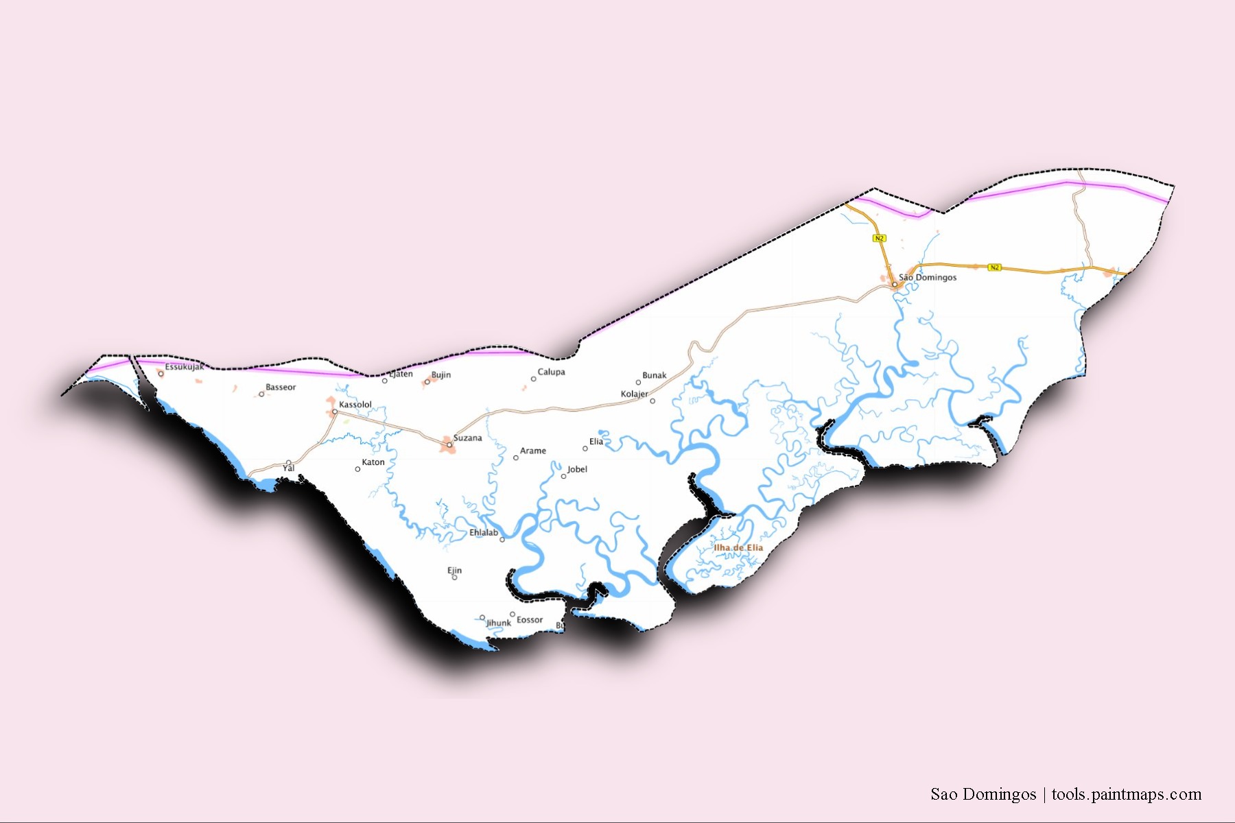 Mapa de barrios y pueblos de Sao Domingos con efecto de sombra 3D