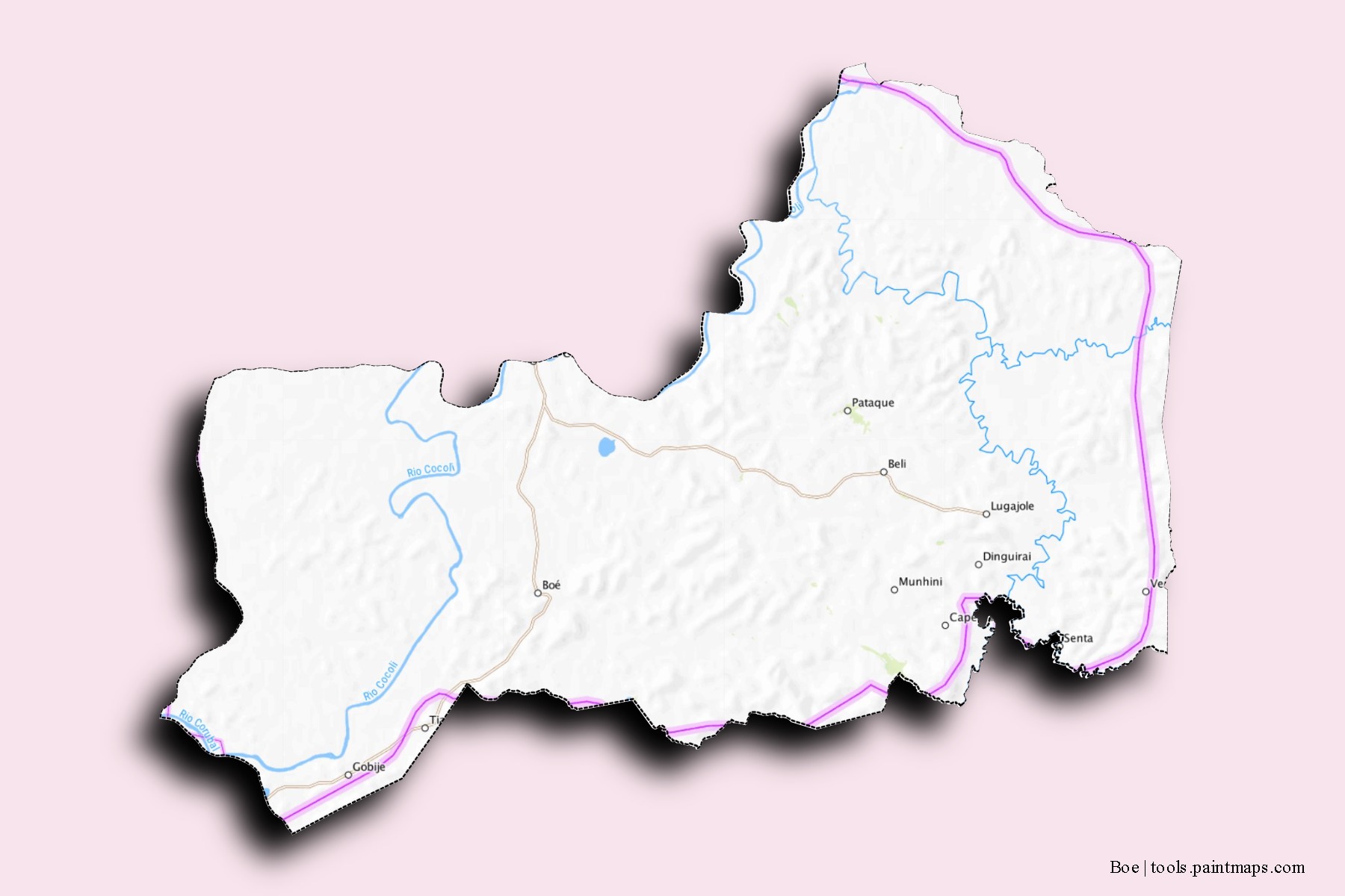 Boé neighborhoods and villages map with 3D shadow effect