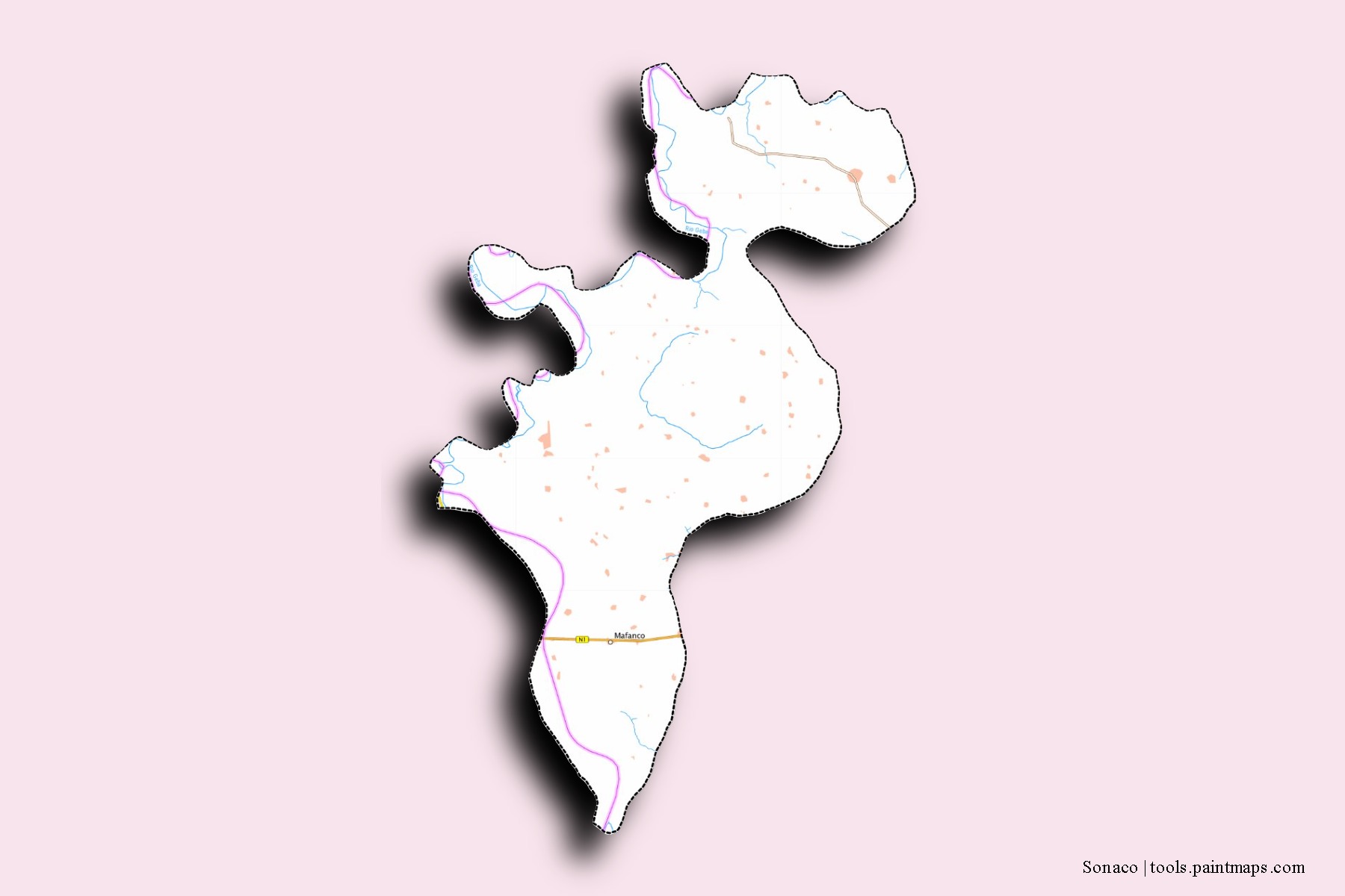 Sonaco neighborhoods and villages map with 3D shadow effect