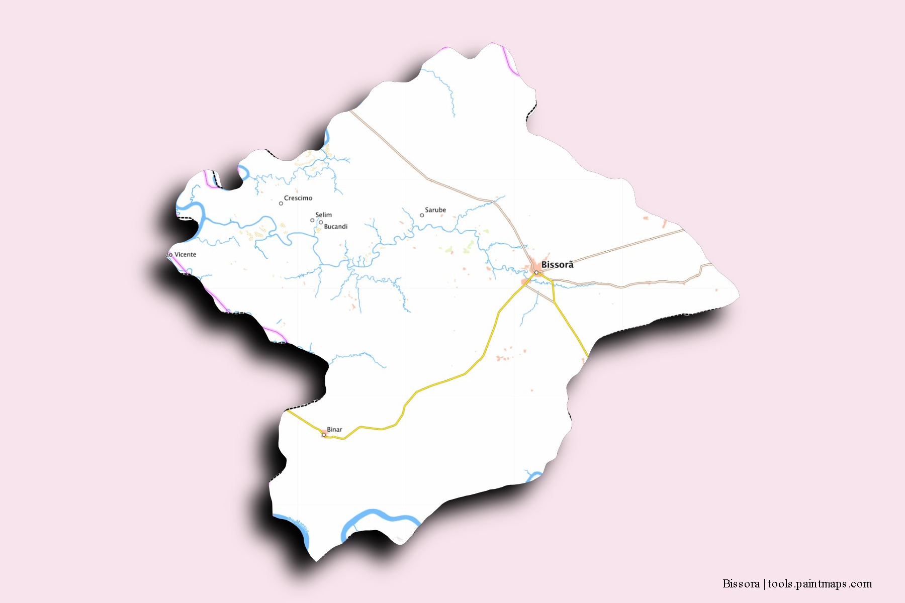 Bissorã neighborhoods and villages map with 3D shadow effect